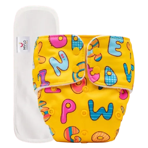 Adjustable Washable & Reusable Cloth Diaper With Dry Feel, Absorbent Insert Pad (3M-3Y) Prevents Rashes - ABC Print - Pack of 1