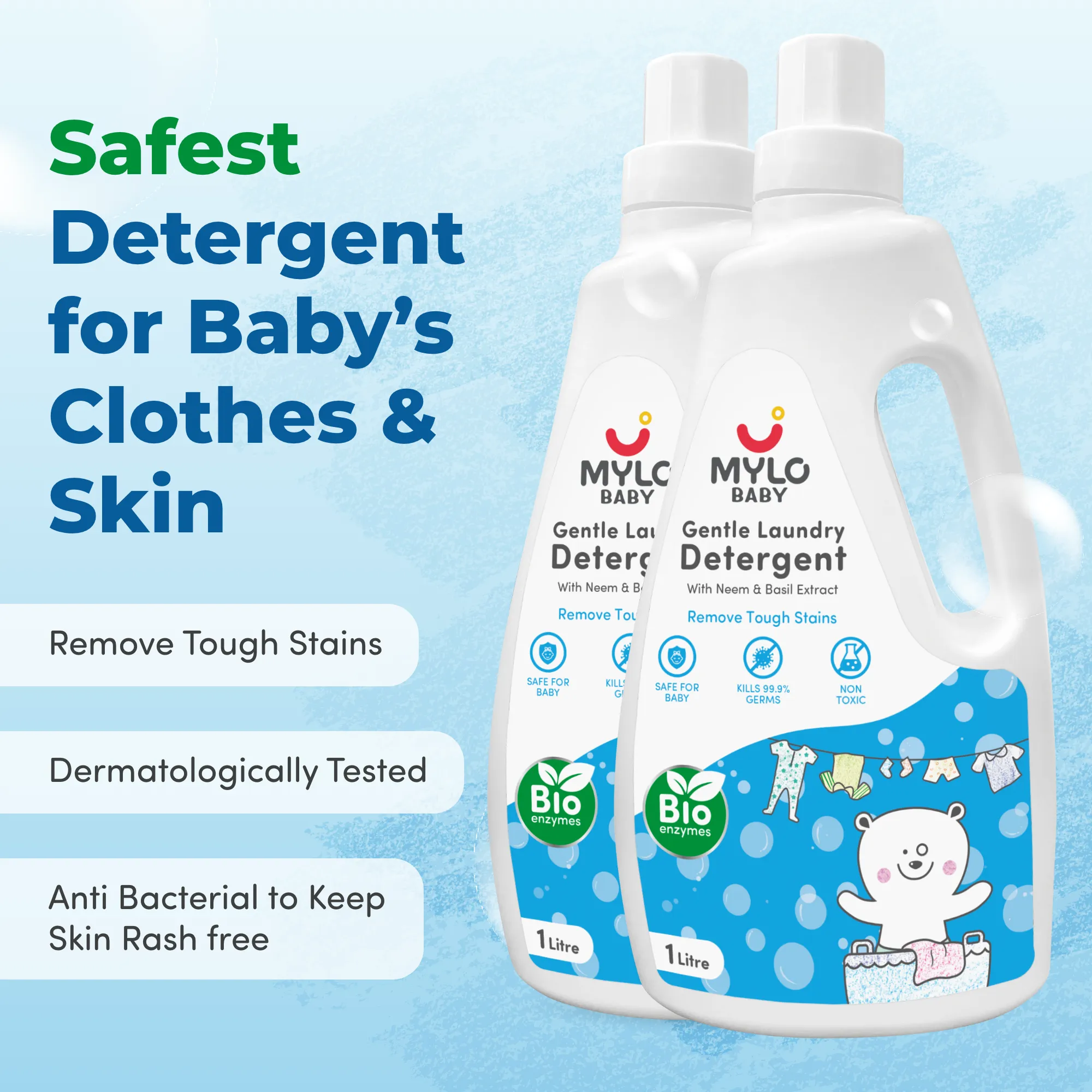Baby Safe Liquid Detergent for Baby Clothes | Tough on stains | Gentle on clothes | Keeps Color & Softness Intact | Suitable for Front & Top Load Washing Machine | 1 litre - Pack of 2