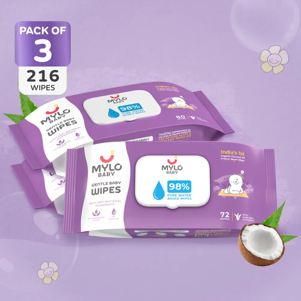 Gentle Baby Wipes With Lid - Organic Coconut Oil, Neem, Aloe Vera and Vitamin E | 98% Pure Water | Dermatologically Tested (Pack of 3) - 72 Wipes Per Pack
