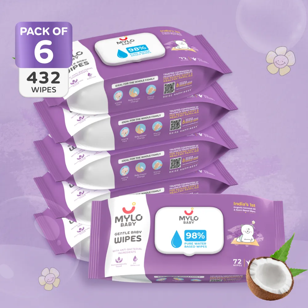 Gentle Baby Wipes With Lid - Organic Coconut Oil, Neem, Aloe Vera and Vitamin E | 98% Pure Water | Dermatologically Tested (Pack of 6) - 72 Wipes Per Pack