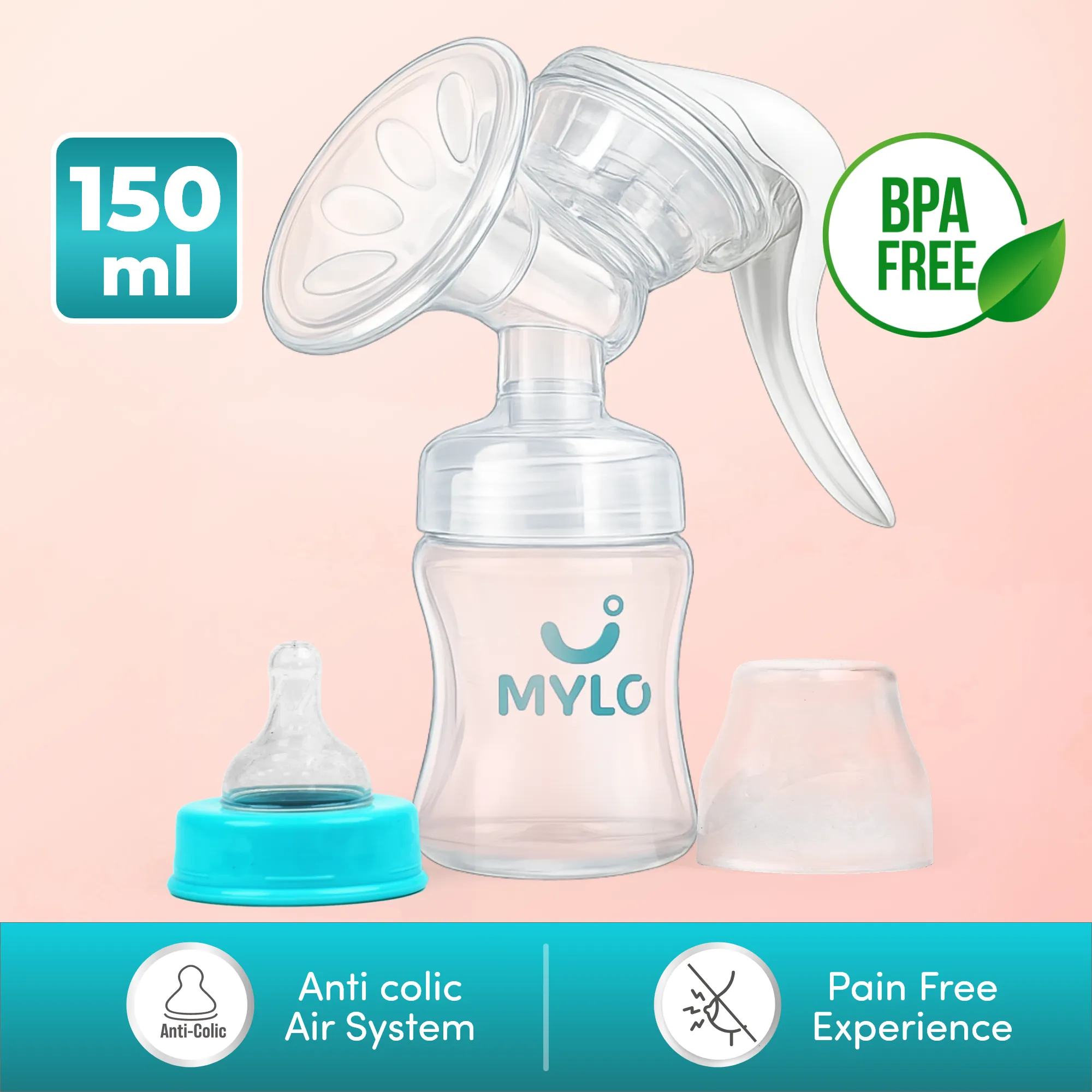 Manual Breast Pump For Feeding Mothers | Anti Colic & BPA Free | Compact & Lightweight | Easy to hold | Easy to Clean | With Bottle (150 ml)