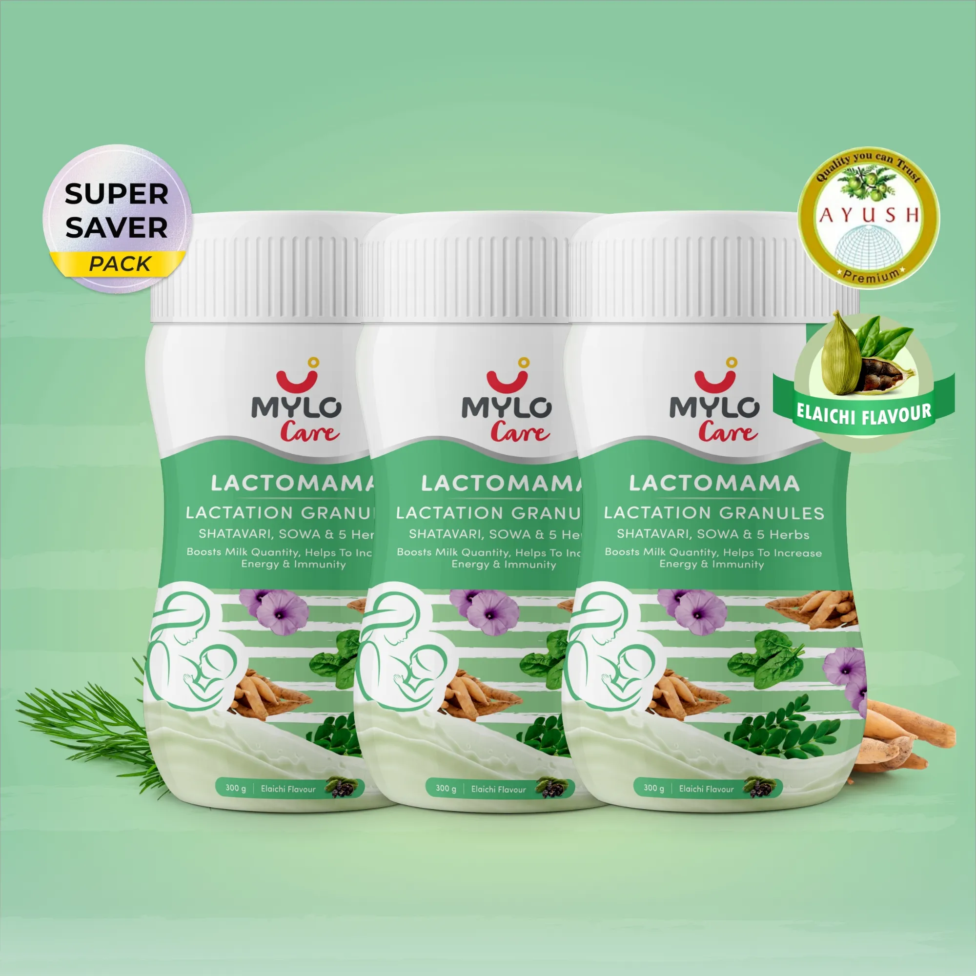 Mylo LactoMama ™ | With Shatavari, Sowa & 5 herbs | Natural Supplement for Boosting Breast Milk Supply | 100% Natural Ingredients | 300g | Pack of 3 | Elaichi