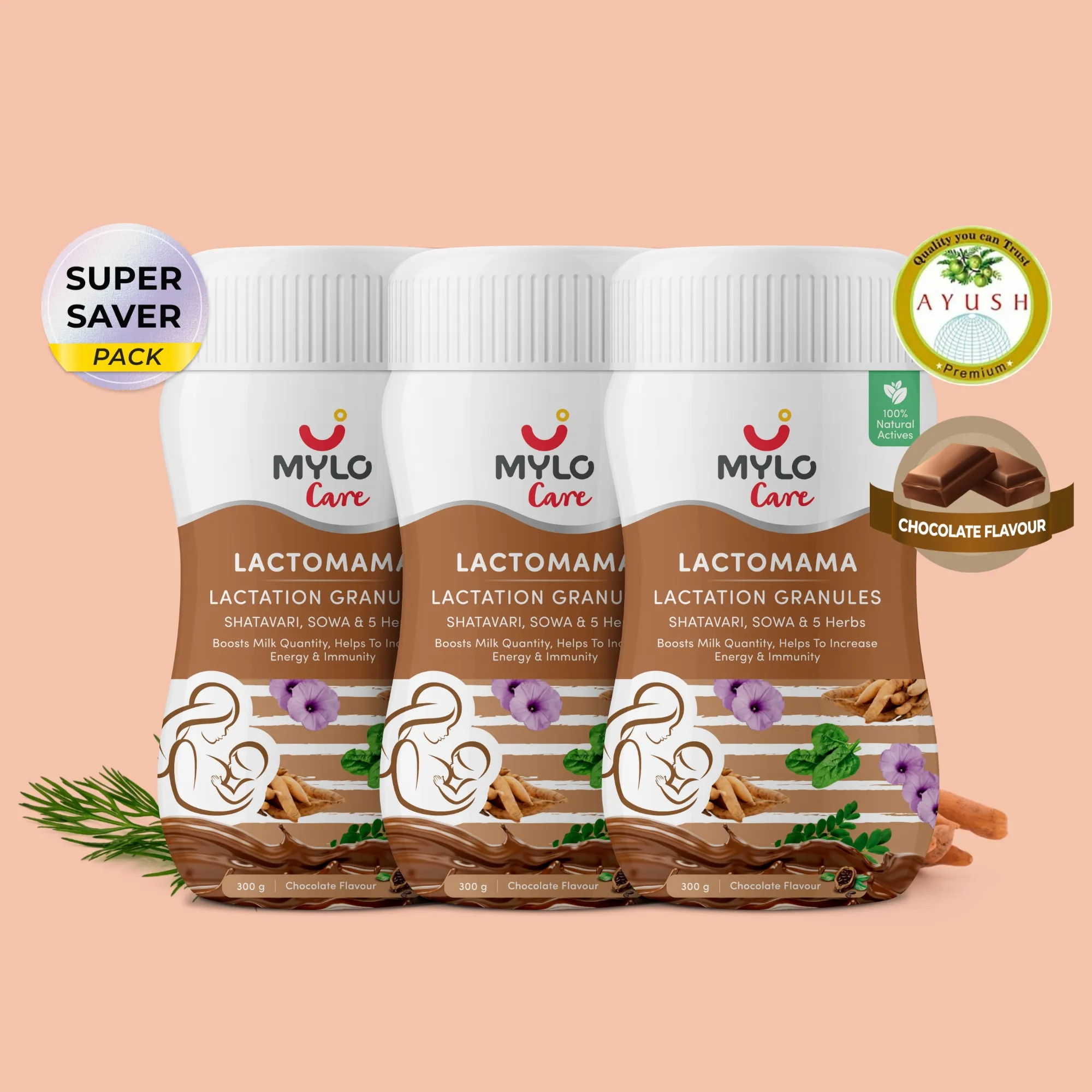 Mylo LactoMama ™ | With Shatavari, Sowa & 5 herbs | Natural Supplement for Boosting Breast Milk Supply | 100% Natural Ingredients | 300g | Pack of 3 | Chocolate