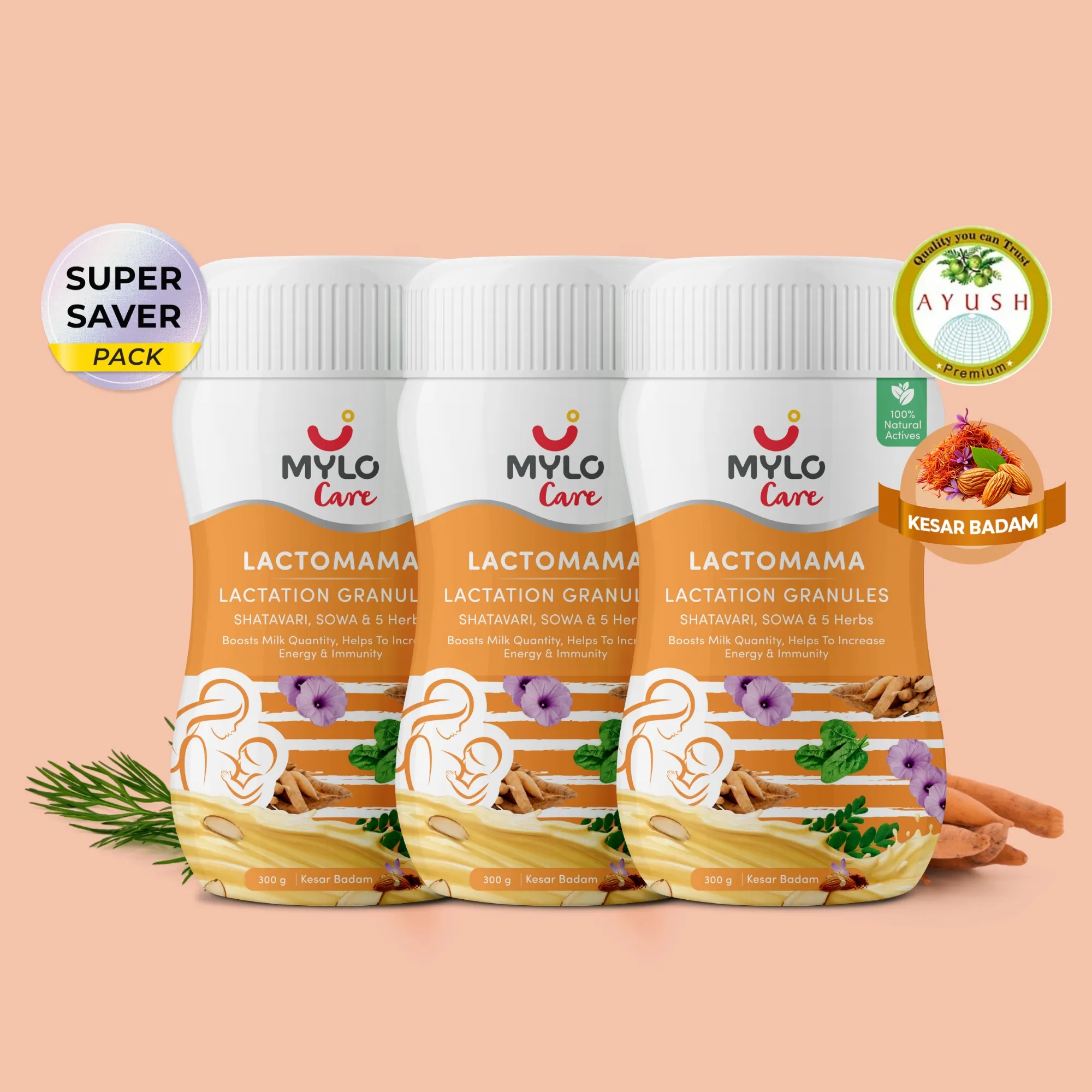 Mylo LactoMama ™ | With Shatavari, Sowa & 5 herbs | Natural Supplement for Boosting Breast Milk Supply | 100% Natural Ingredients | 300g | Pack of 3 | Kesar Badam