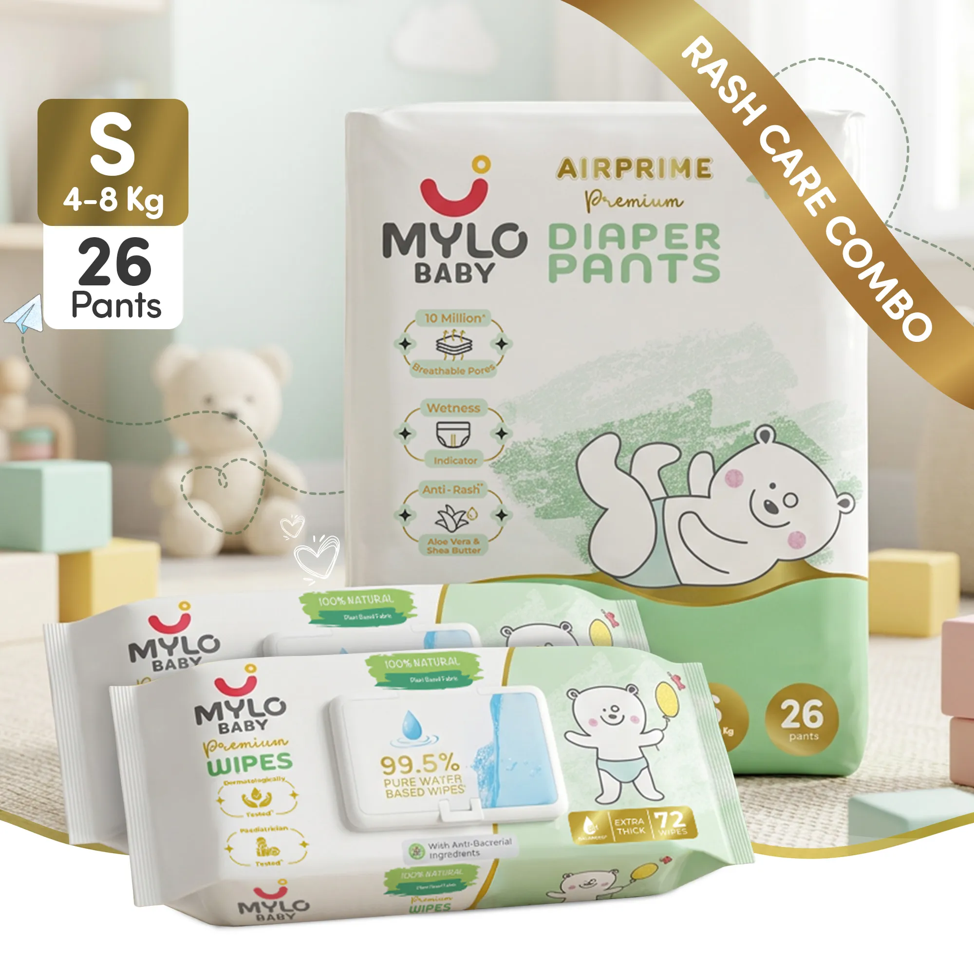 Mylo Rash Care Combo™ | Airprime Premium Diaper Pants S (5–9 kg, 26 Count) with Wetness Indicator + 100% Plant-Based Baby Wipes (99.5% Pure Water & Calendula, Pack of 2)