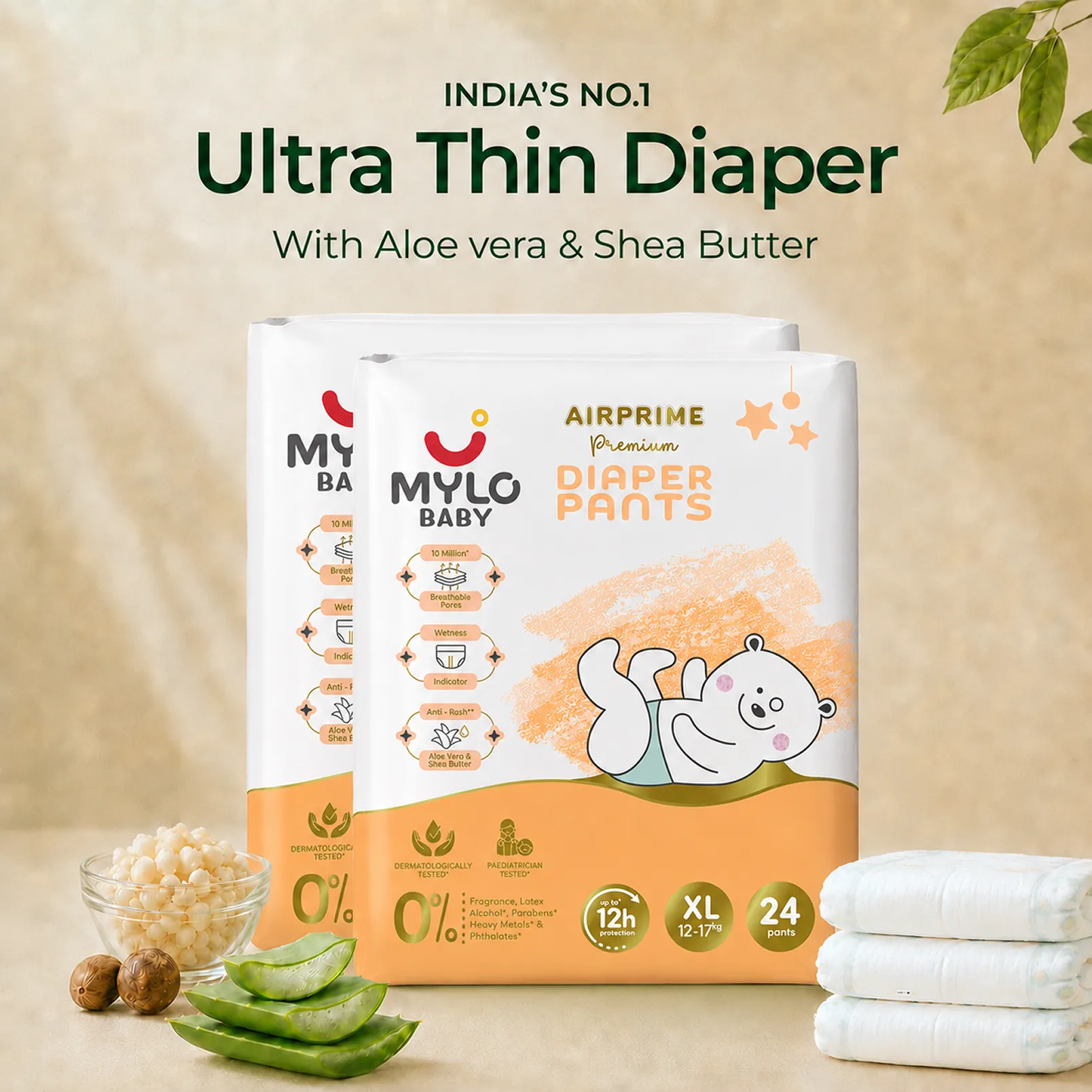 Mylo Airprime™ Premium Diaper Pants with Wetness Indicator - XL(12-17 Kgs) - 48 Count