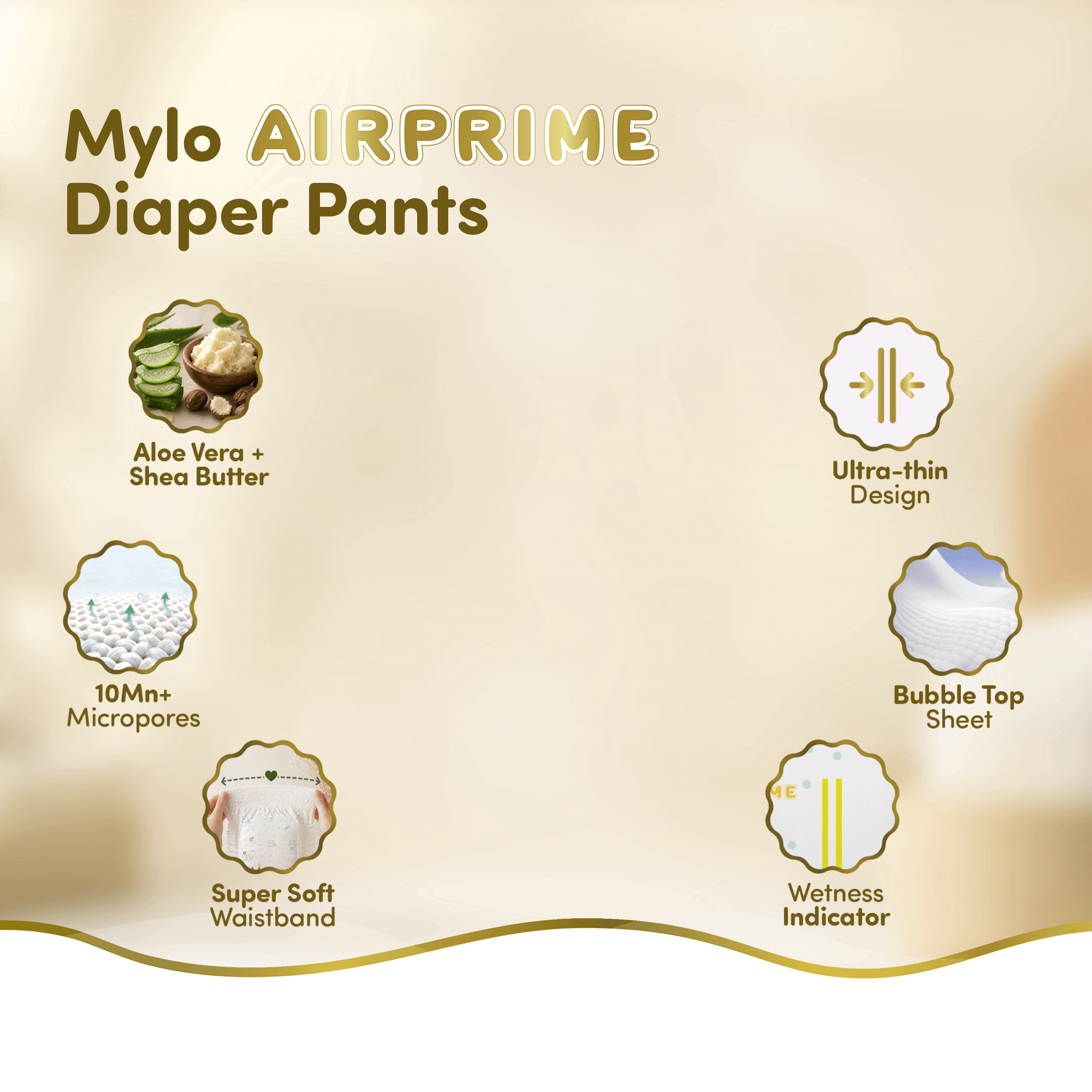 Mylo Rash Care Combo™ | Airprime Premium Diaper Pants M(8-13 Kgs- 26 Count) with Wetness Indicator + 100% Plant-Based Baby Wipes (99.5% Pure Water & Calendula, Pack of 2)
