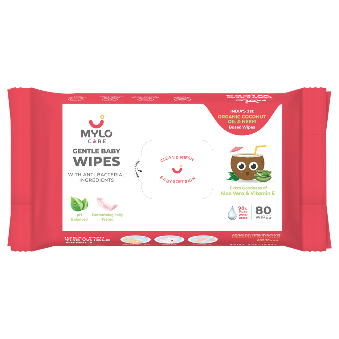 Gentle Baby Wipes with Organic Coconut Oil & Neem Without Lid (80 wipes)