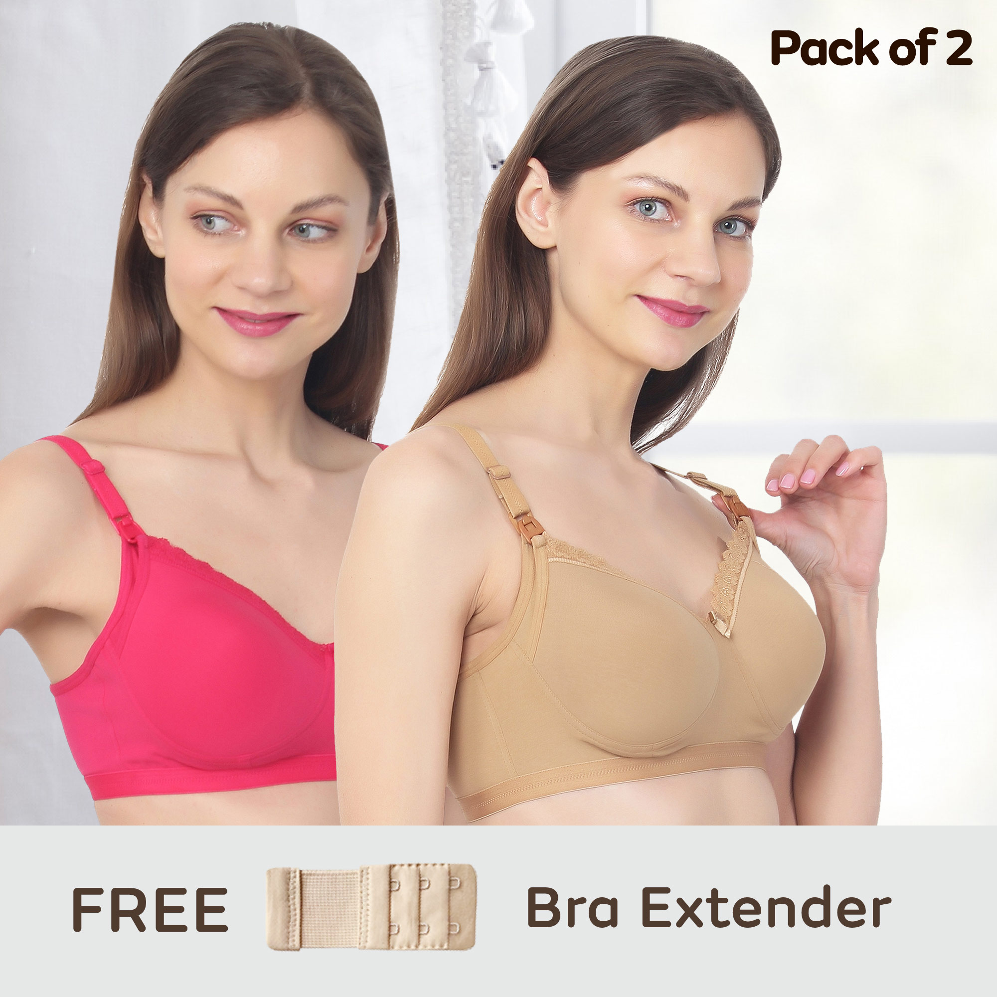 Light Padded Maternity/Nursing Bra Pack of 2 with free bra extender-(Skin,Fuchsia) 38B