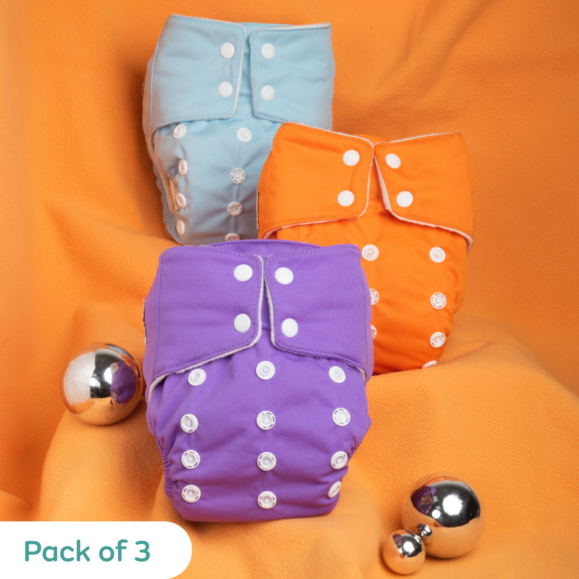 Adjustable Washable & Reusable Cloth Diaper With Dry Feel, Absorbent Insert Pad- Blue, Orange & Purple - Pack of 3