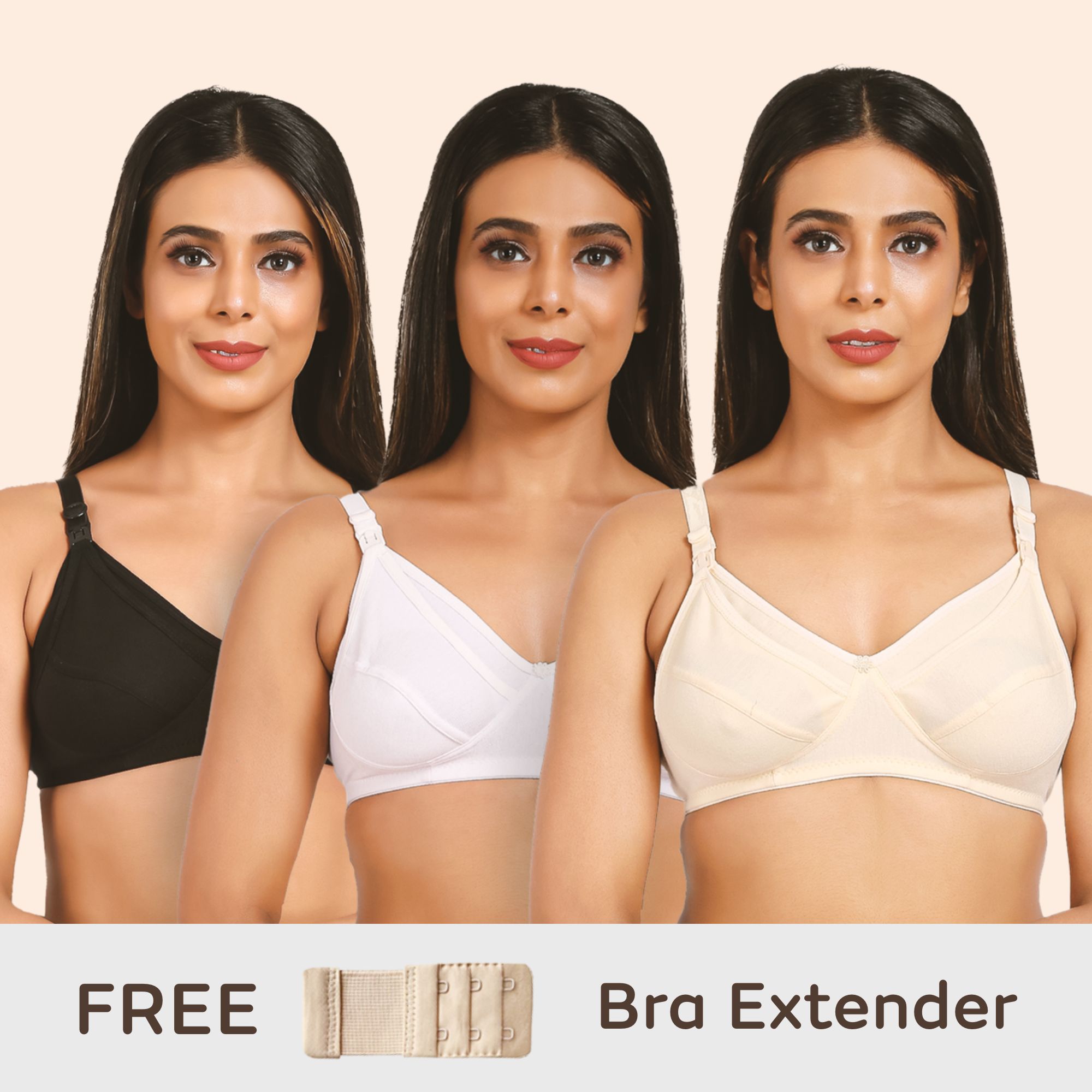 Maternity/Nursing Bras Non-Wired, Non-Padded - Pack of 3 with free Bra Extender (Classic Black, Classic White, Magnolia Cream) 34 B