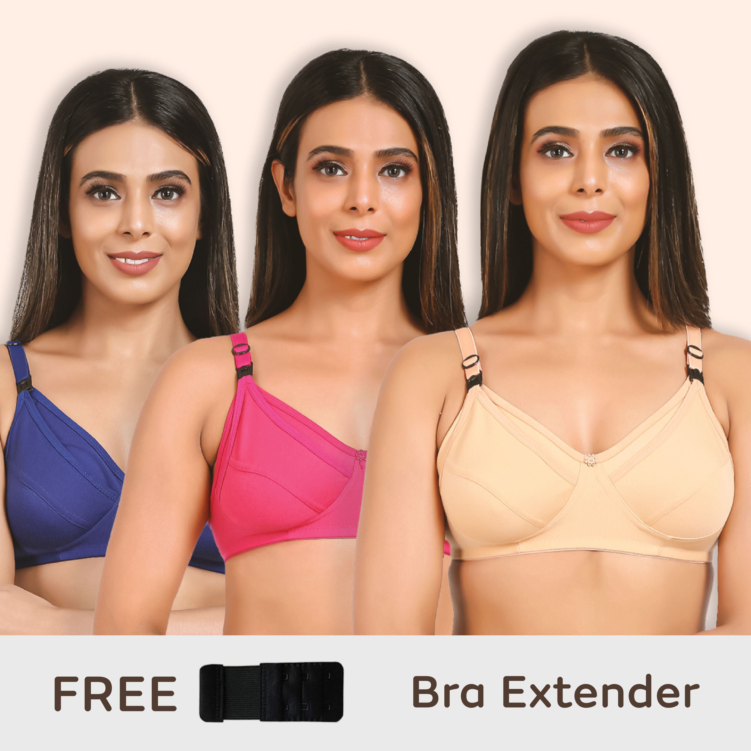 Maternity/Nursing Bras Non-Wired, Non-Padded - Pack of 3 with free Bra Extender (Sandalwood, Persian Blue & Dark pink) 38 B