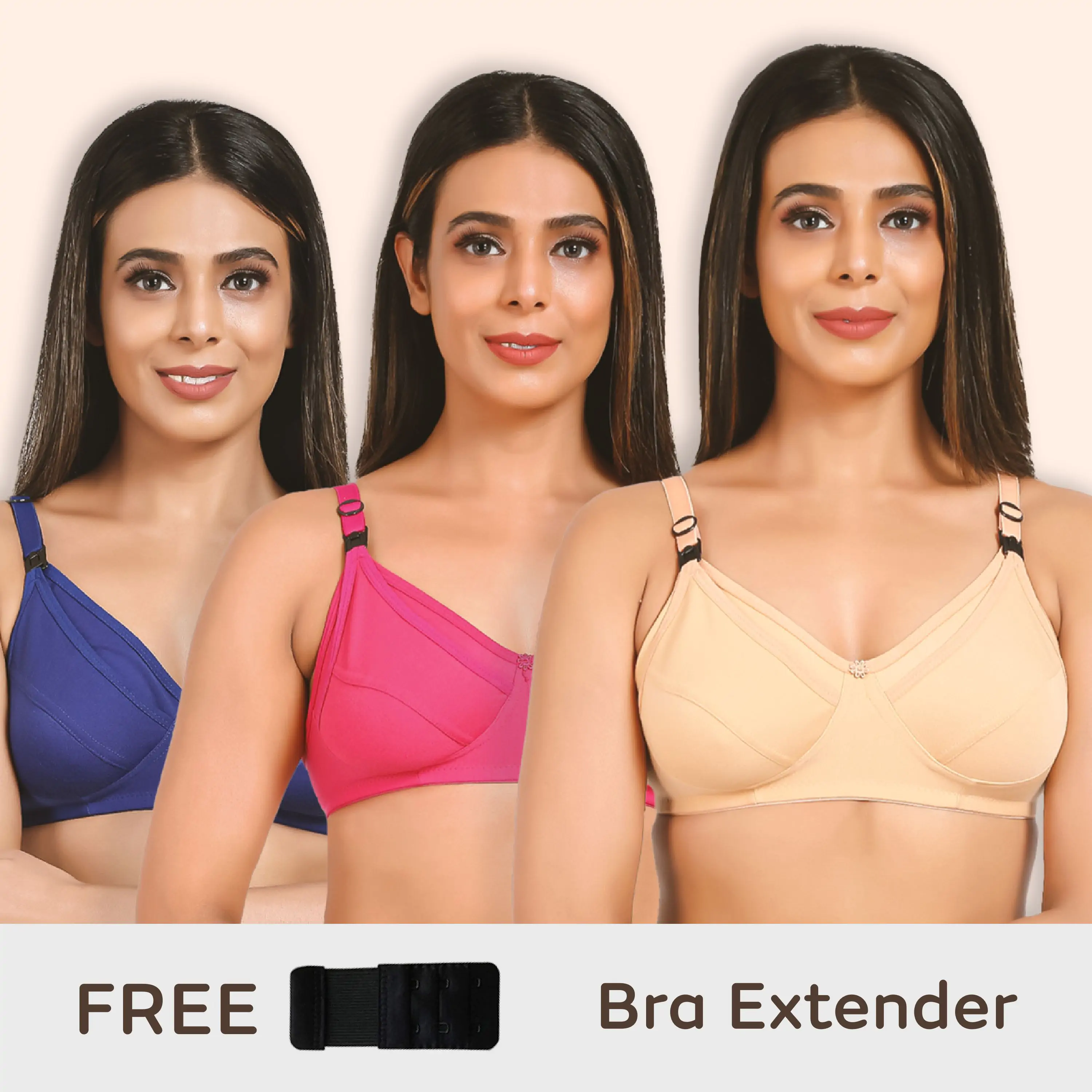 Maternity/Nursing Bras Non-Wired, Non-Padded - Pack of 3 with free Bra Extender (Sandalwood, Persian Blue & Dark pink) 32 B
