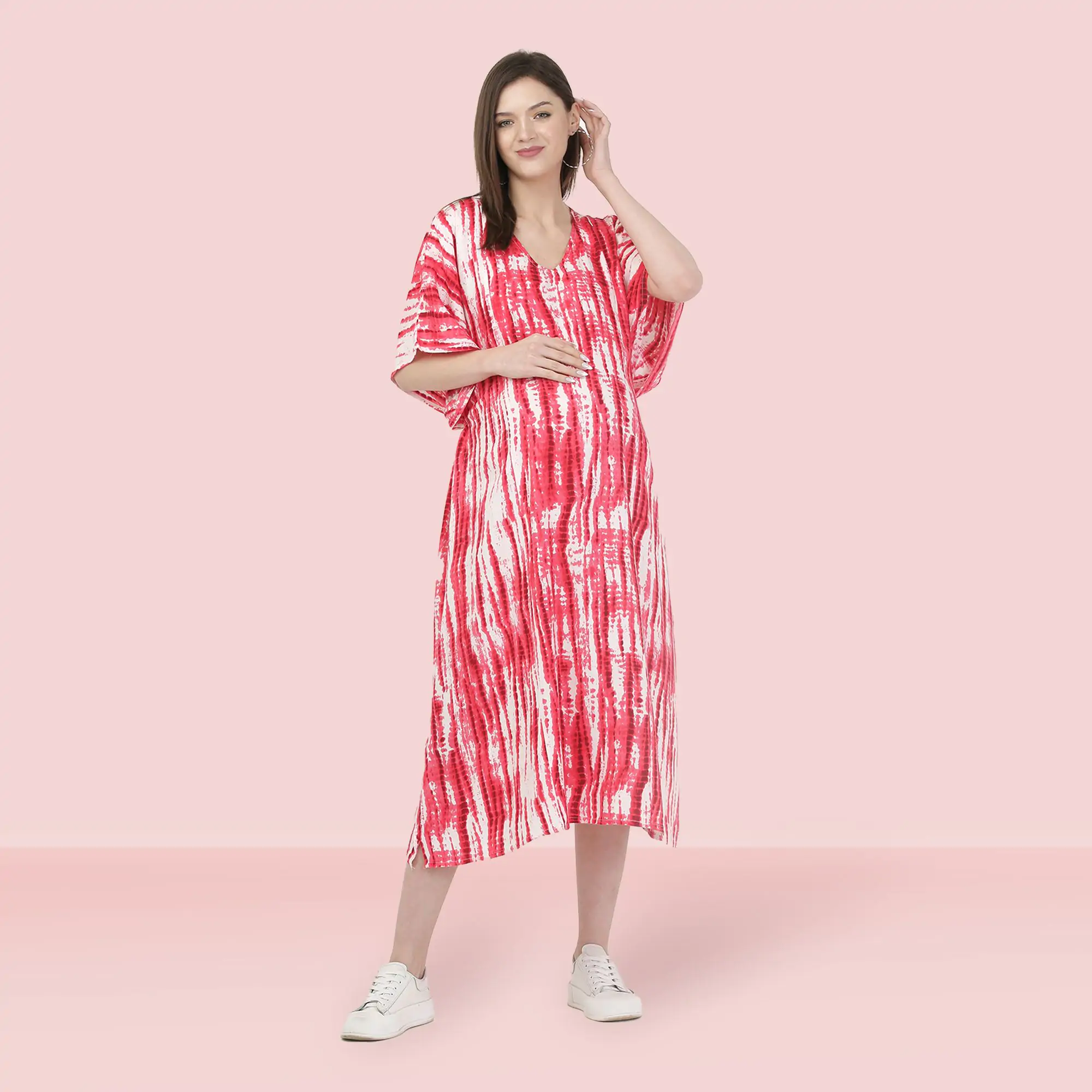 Pre & Post Maternity /Nursing Kaftan Maxi Dress cum Nighty with Zipper for Easy Feeding – Shibori Print -Fuchsia–L 