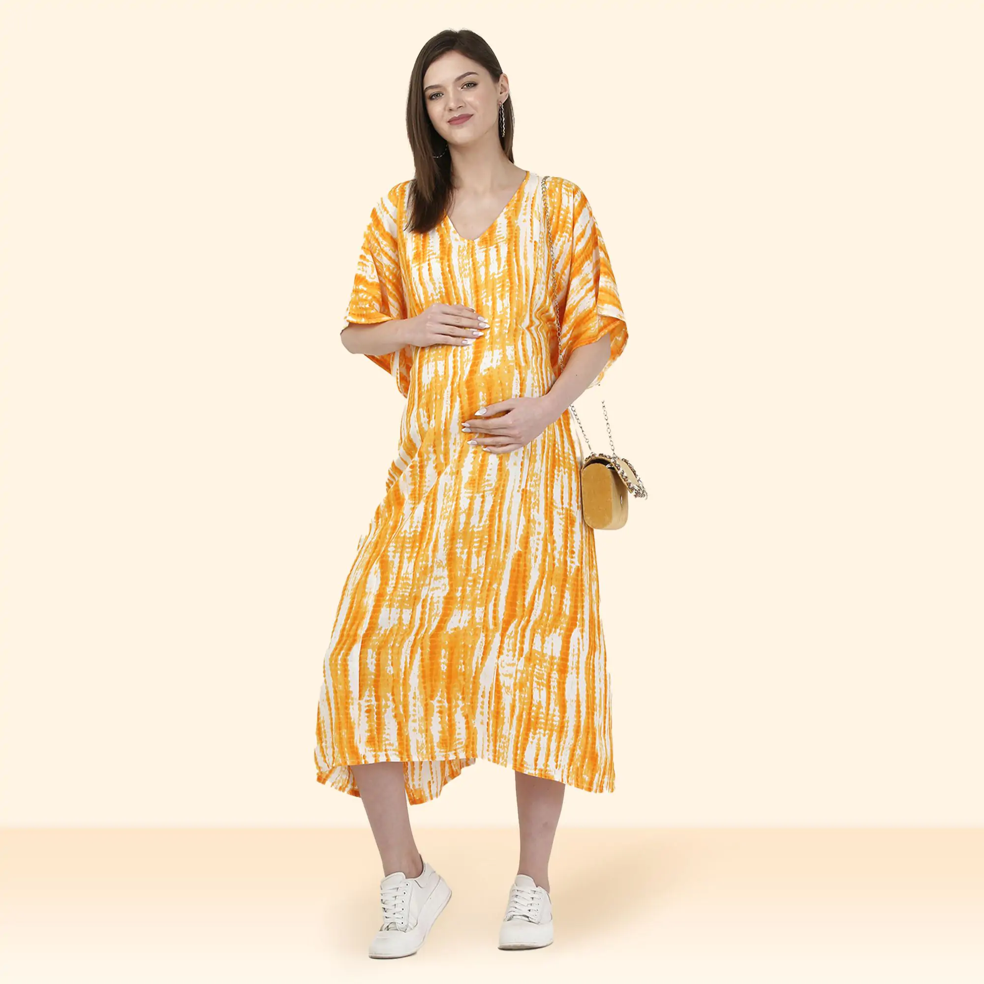 Mylo Pre & Post Maternity /Nursing Kaftan Maxi Dress cum Nighty with Zipper for Easy Feeding – Shibori Print -Orange- XL