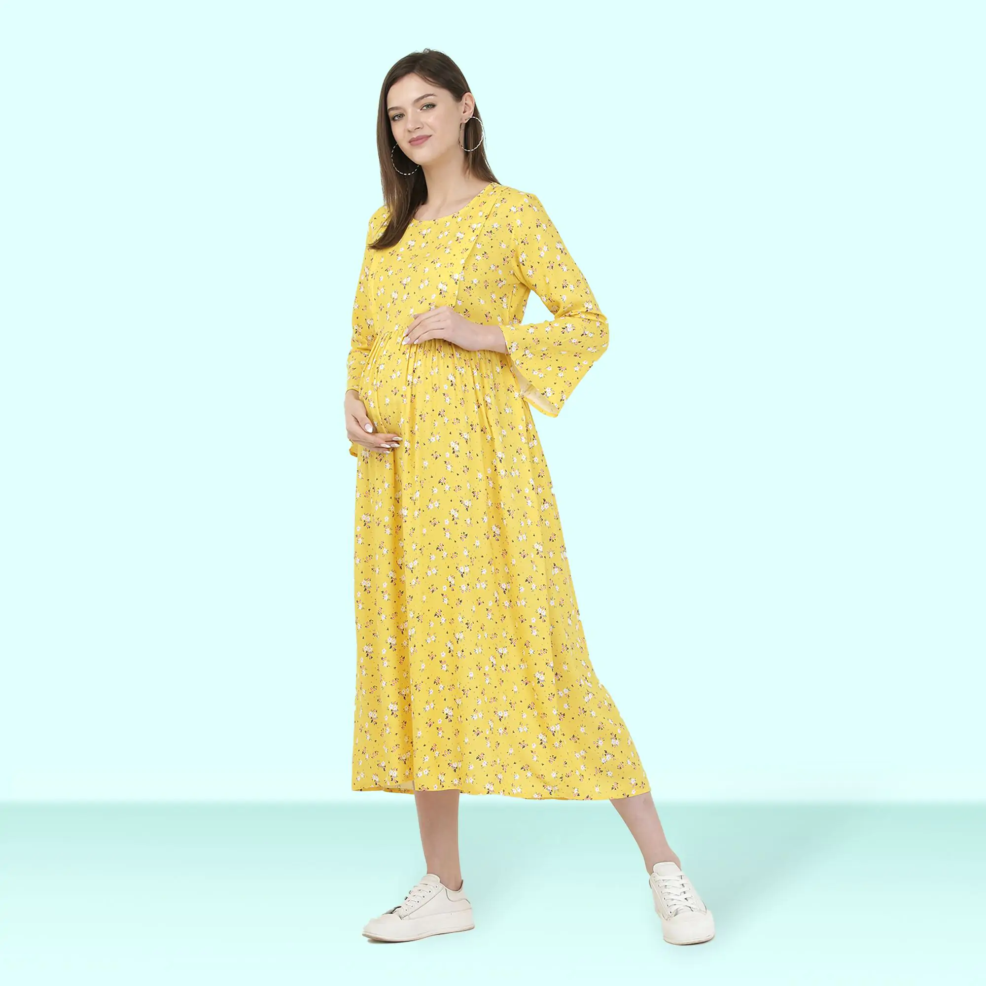 Mylo Pre & Post Maternity /Nursing Maxi Dress with both sides Zipper for Easy Feeding – Mustard Ditsy Daisy –XL