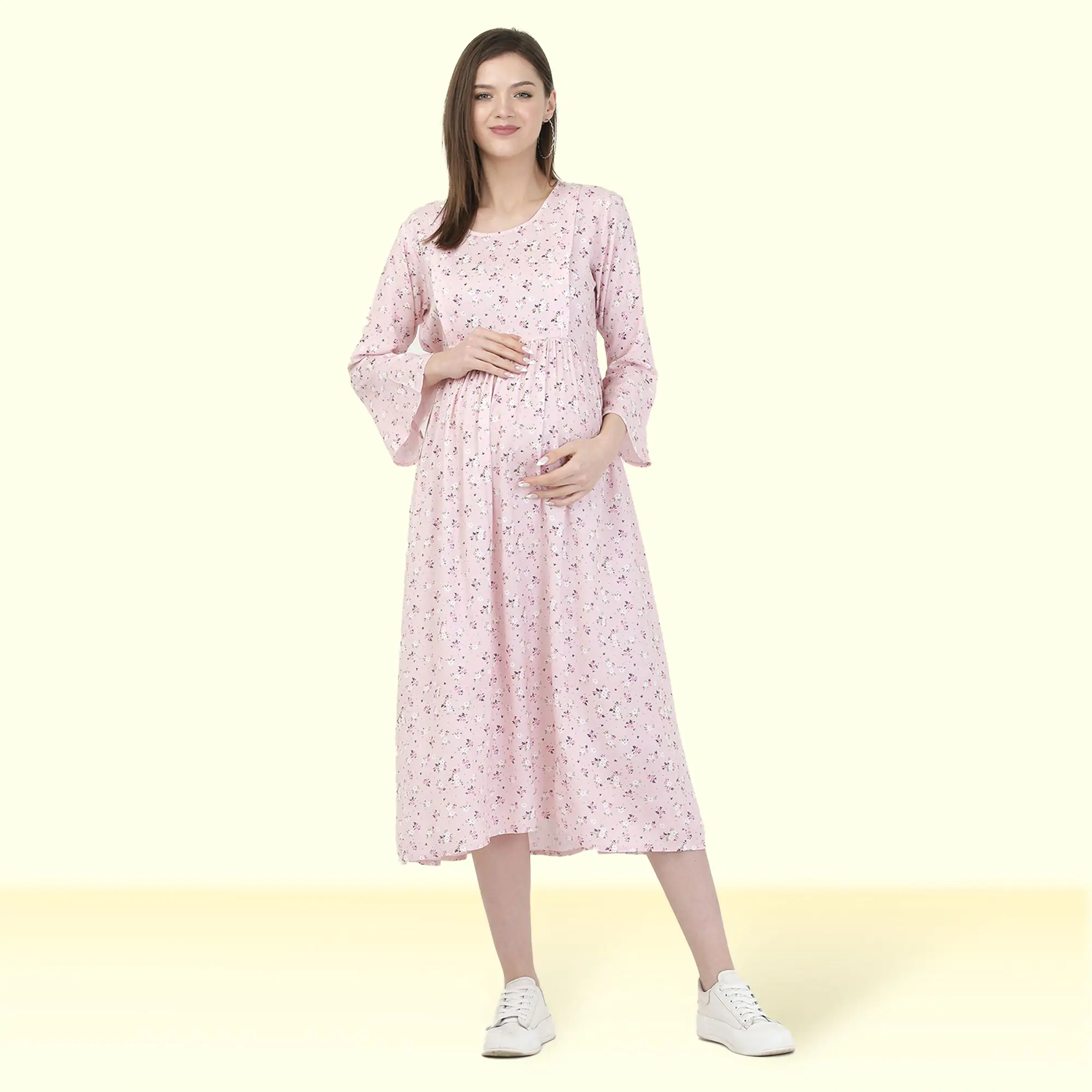 Mylo Pre & Post Maternity /Nursing Maxi Dress with both sides Zipper for Easy Feeding – Pink Ditsy Daisy –XL