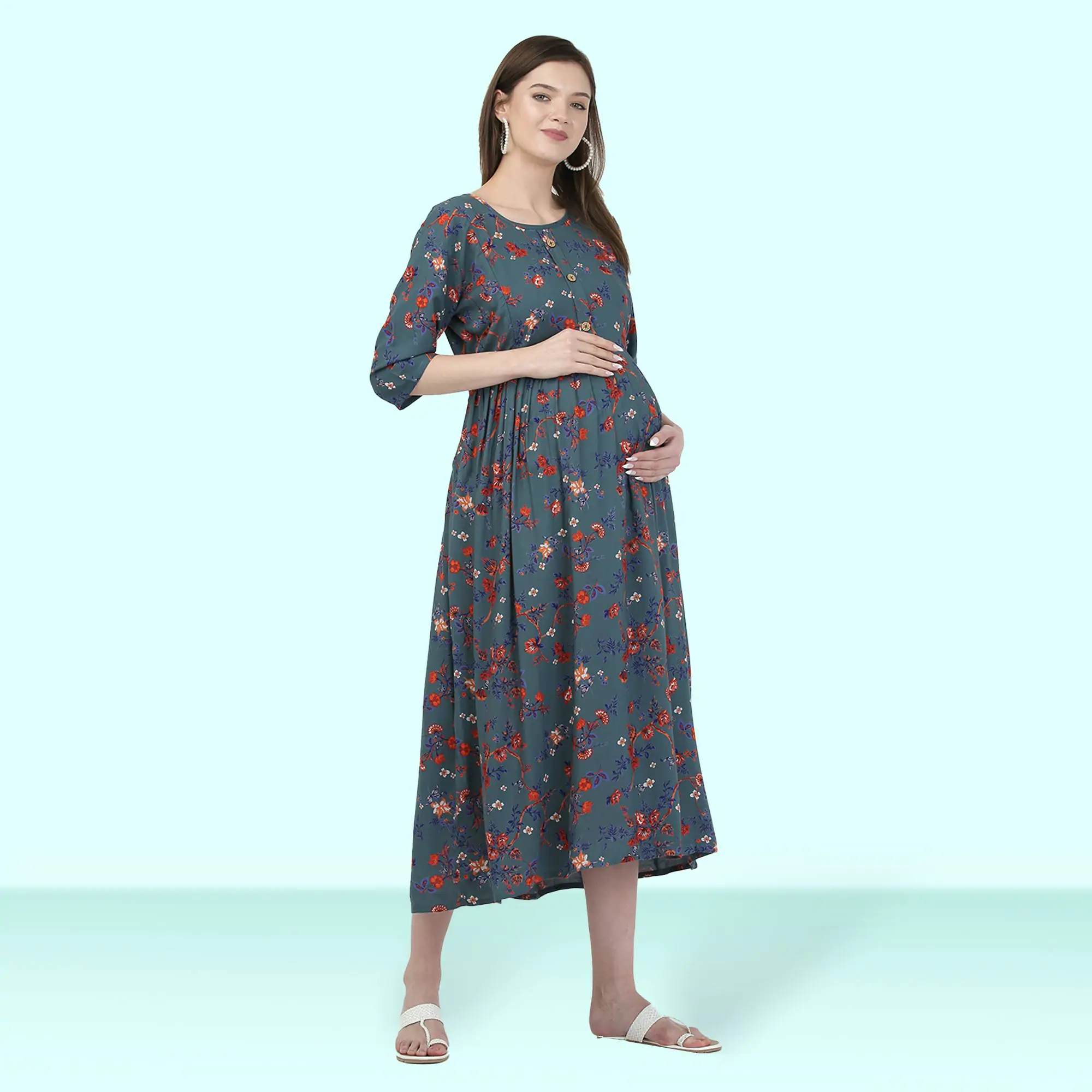 Pre & Post Maternity /Nursing Maxi Dress with both sides Zipper for Easy Feeding – Garden Flowers -Teal –M