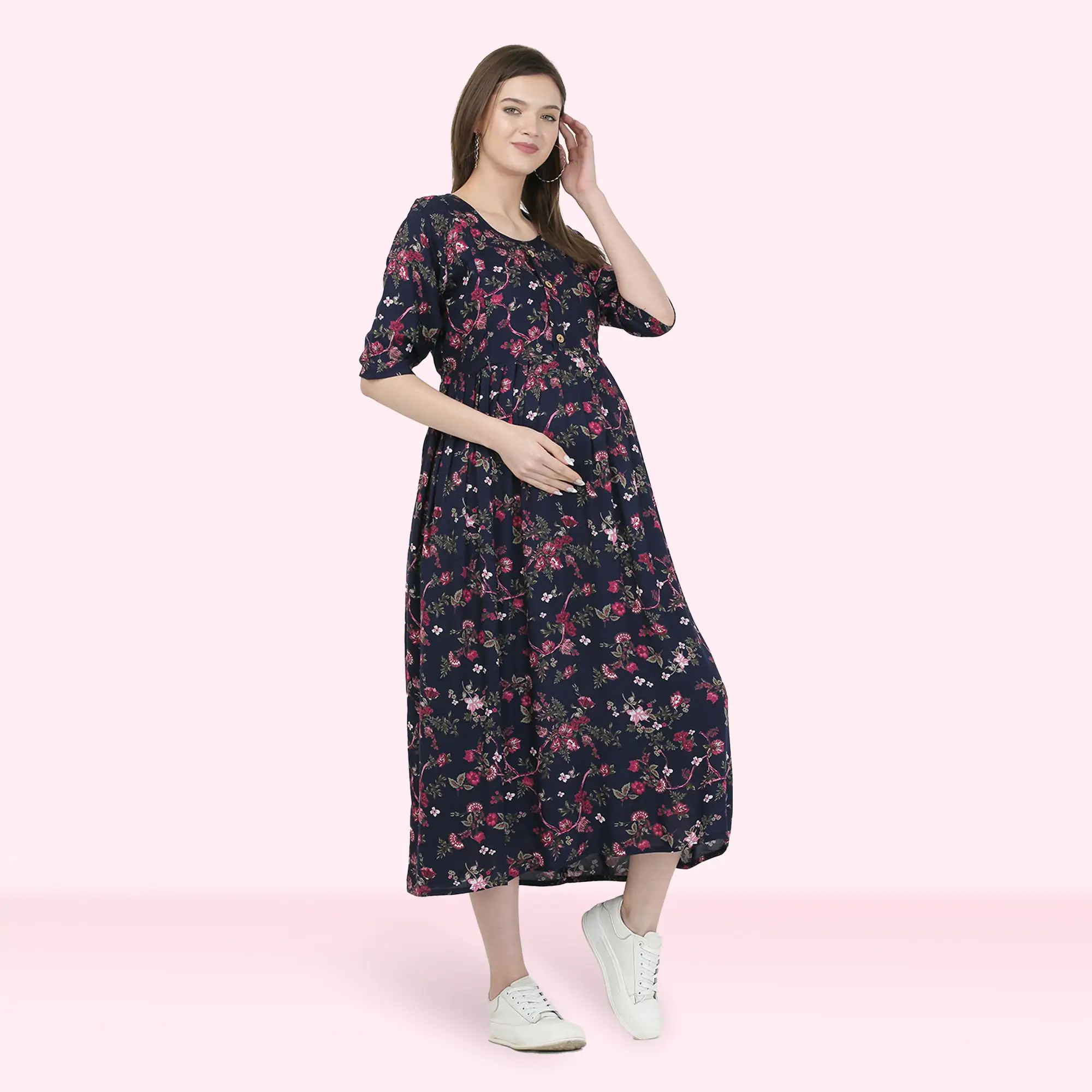 Mylo Pre & Post Maternity /Nursing Maxi Dress with both sides Zipper for Easy Feeding – Garden Flowers -Navy –XXL