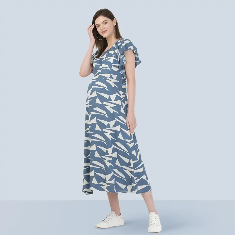 Mylo Pre & Post Maternity /Nursing Maxi Dress with both sides Zipper for Easy Feeding – Geometric Blue–L