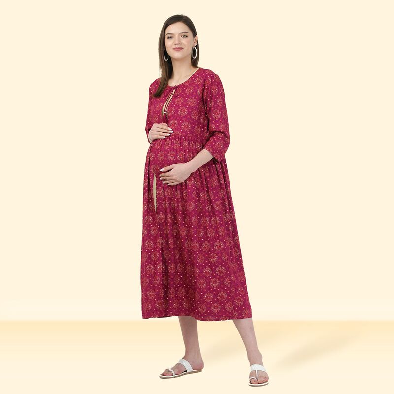 Pre & Post Maternity /Nursing Double Layered Kurta Dress with Zippers for Easy Feeding – Ethnic Pink-XXL