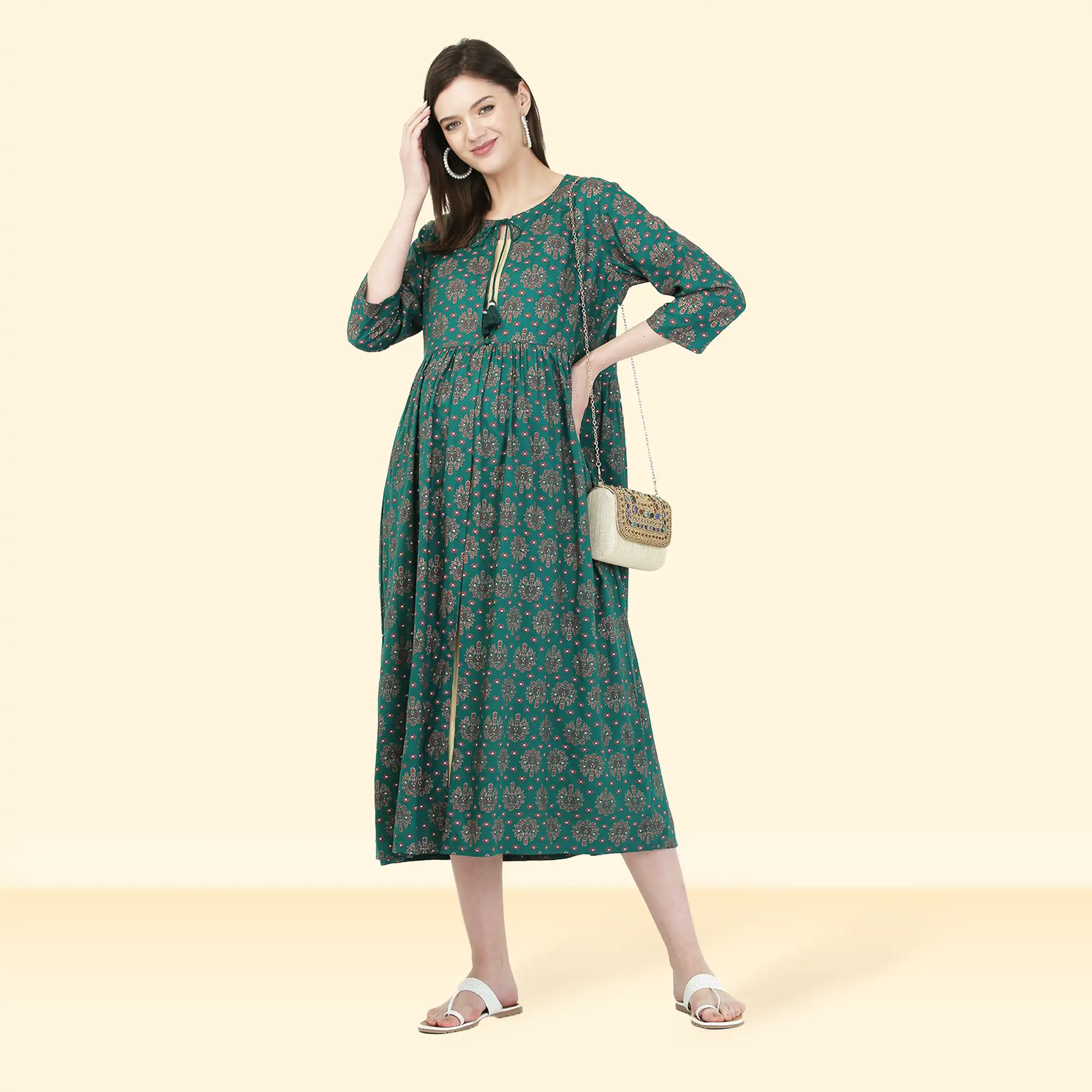 Mylo Pre & Post Maternity /Nursing Double Layered Kurta Dress with Zippers for Easy Feeding – Ethnic Green -XXL