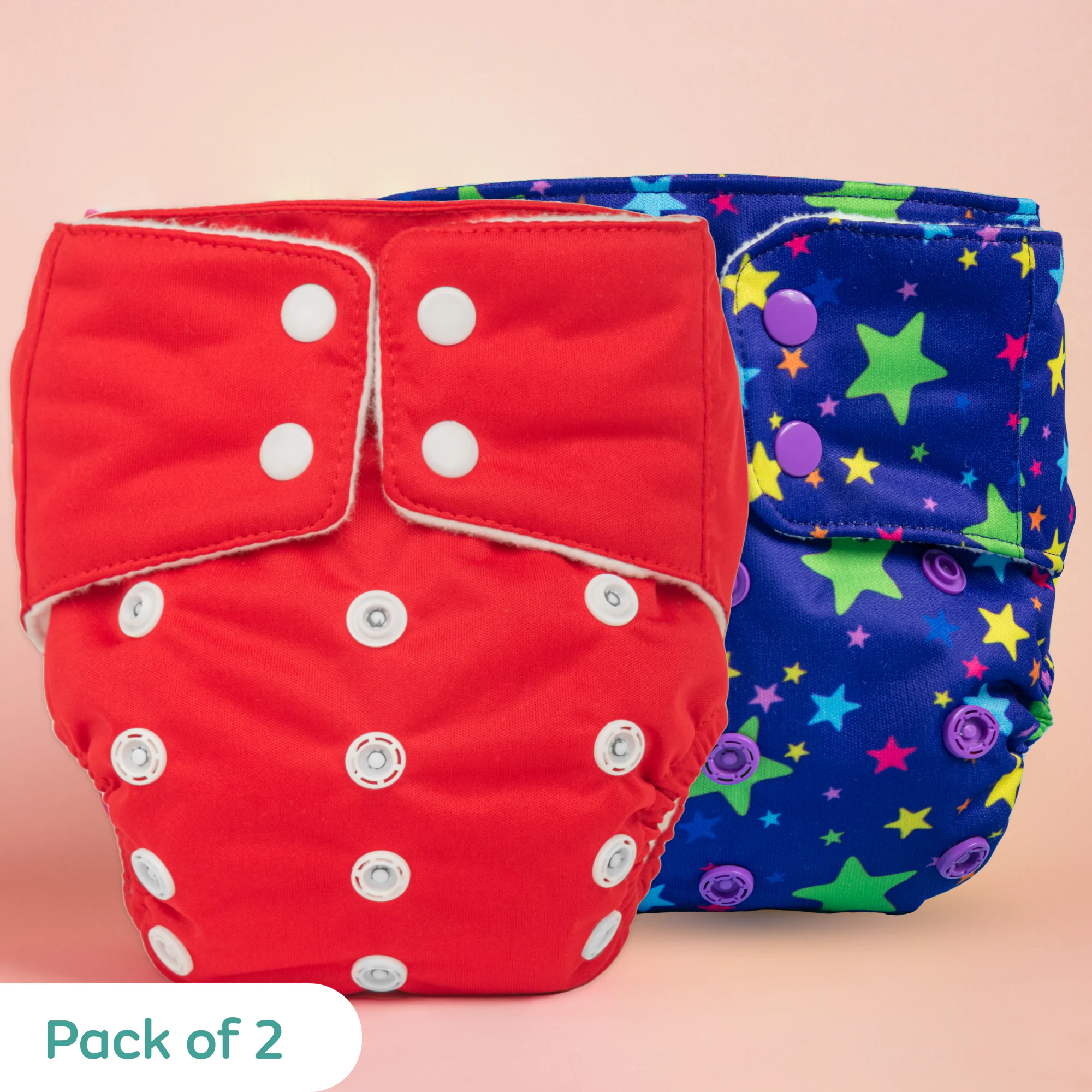 Free Size Washable & Reusable Cloth Diaper With 2 Dry Feel Absorbent Insert Pad ( 3 M - 3 Yrs) - Twinkle print -Red Solid