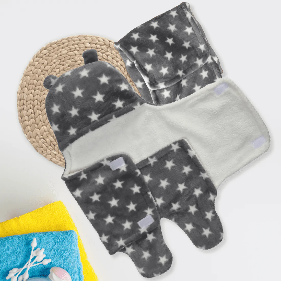 Mylo All Season Unisex Baby Blanket, Wrapper & Bath Robe (0-6 Month) - Star Grey - Pack of 2