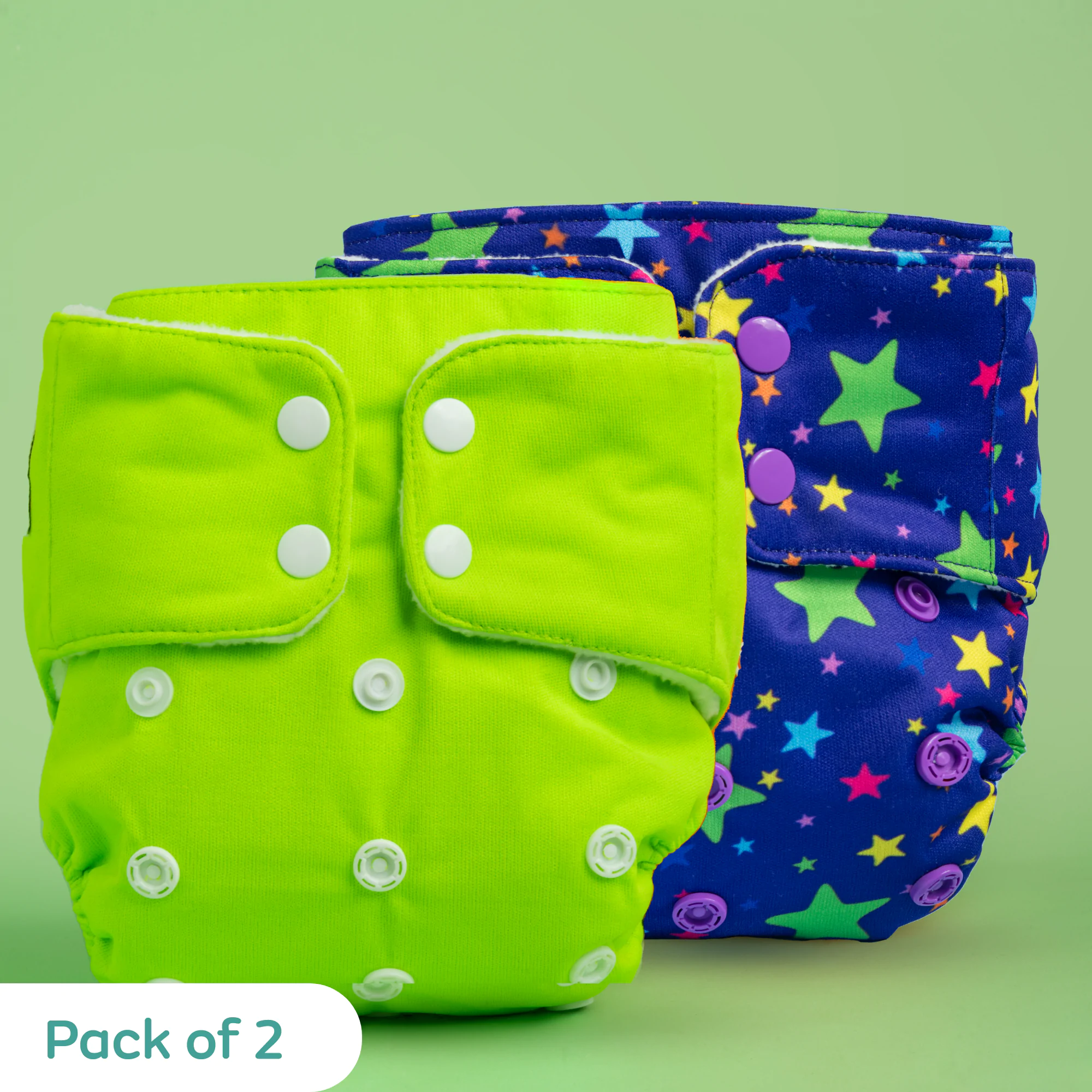 Free Size Washable & Reusable Cloth Diaper With 2 Dry Feel Absorbent Insert Pad ( 3 M - 3 Yrs) - Twinkle print -Green Solid