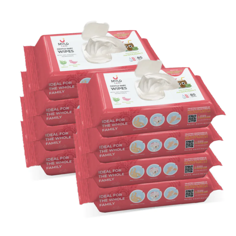 Mylo Gentle Baby Wipes with Organic Coconut Oil & Neem With Lid (80 wipes x 8 packs)
