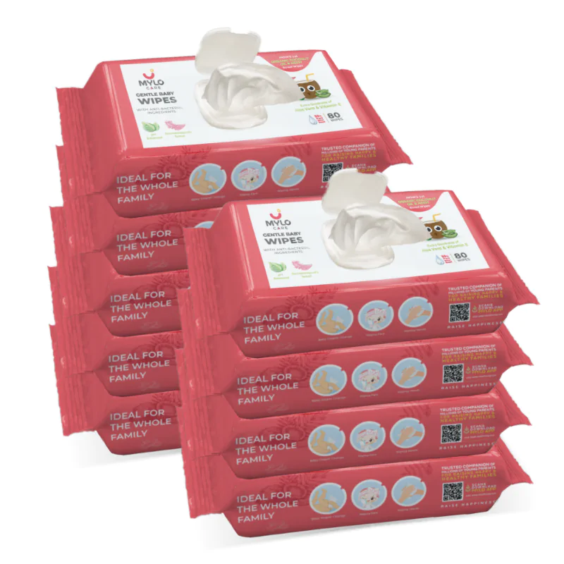 Mylo Gentle Baby Wipes with Organic Coconut Oil & Neem With Lid (80 wipes x 9 packs)