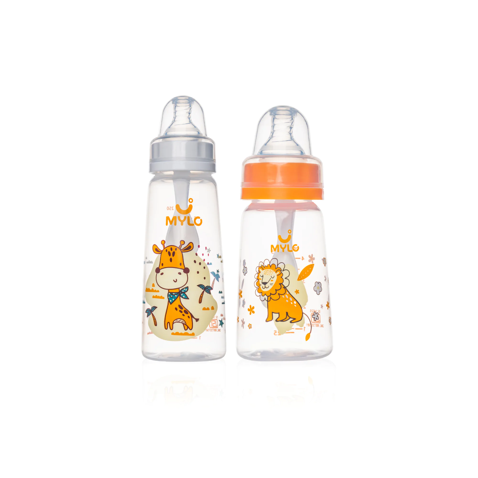 Mylo Feels Natural Baby Bottle – 125ml & 250 ml - BPA Free with Anti-Colic Nipple-Pack of 2- (Lion & Giraffe)