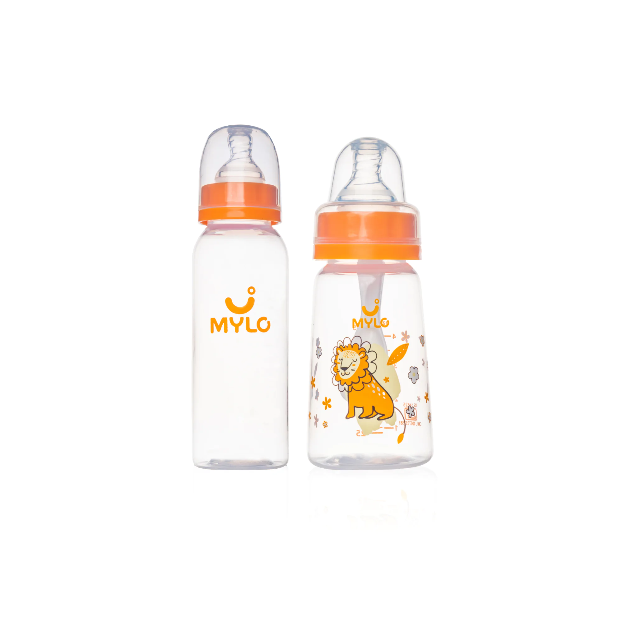 Mylo Feels Natural Baby Bottle – 125ml & 250 ml - BPA Free with Anti-Colic Nipple-Pack of 2- ( Lion & Zesty Orange)
