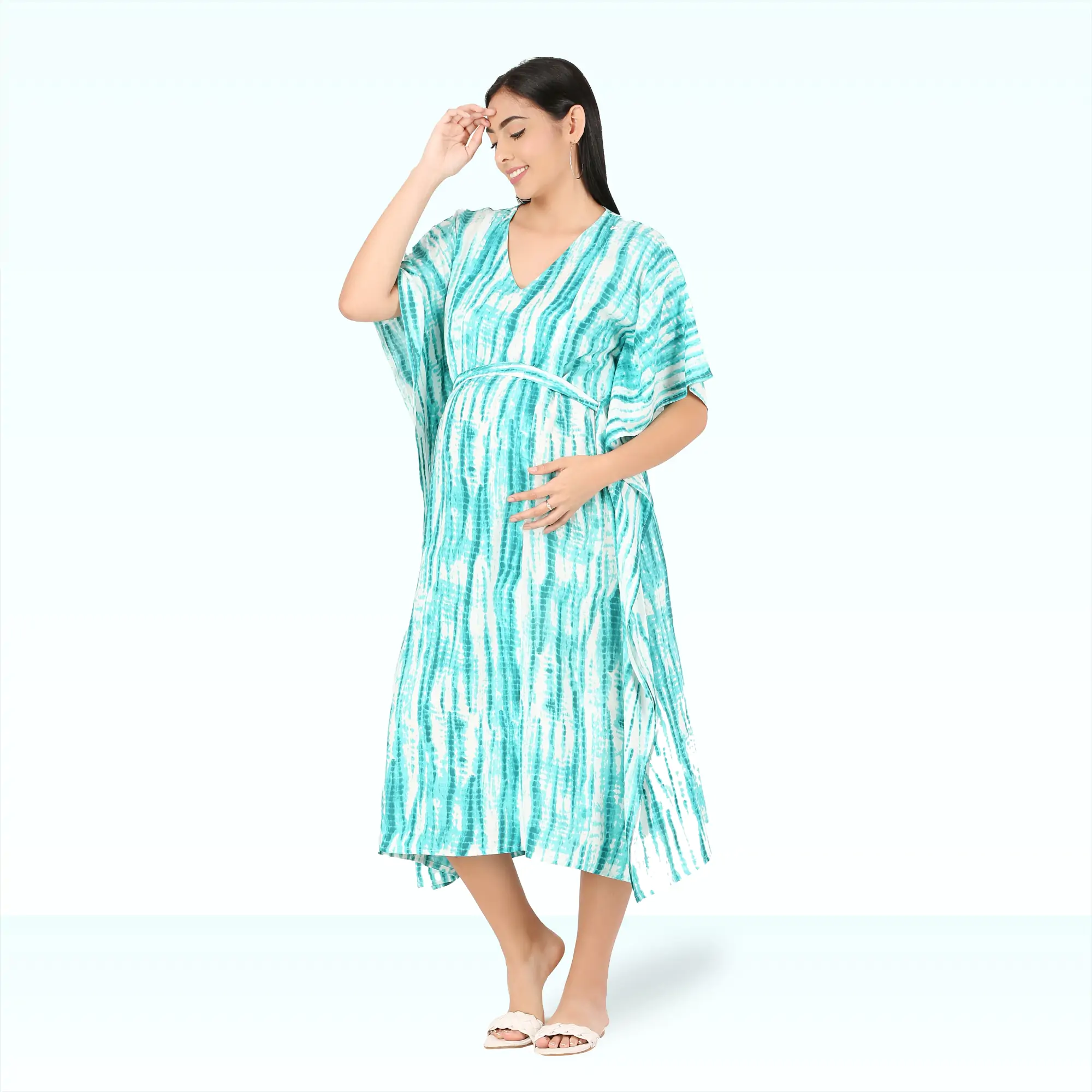 Pre & Post Maternity /Nursing Kaftan Maxi Dress cum Nighty with Zipper for Easy Feeding – Shibori Print -Sea Green - M