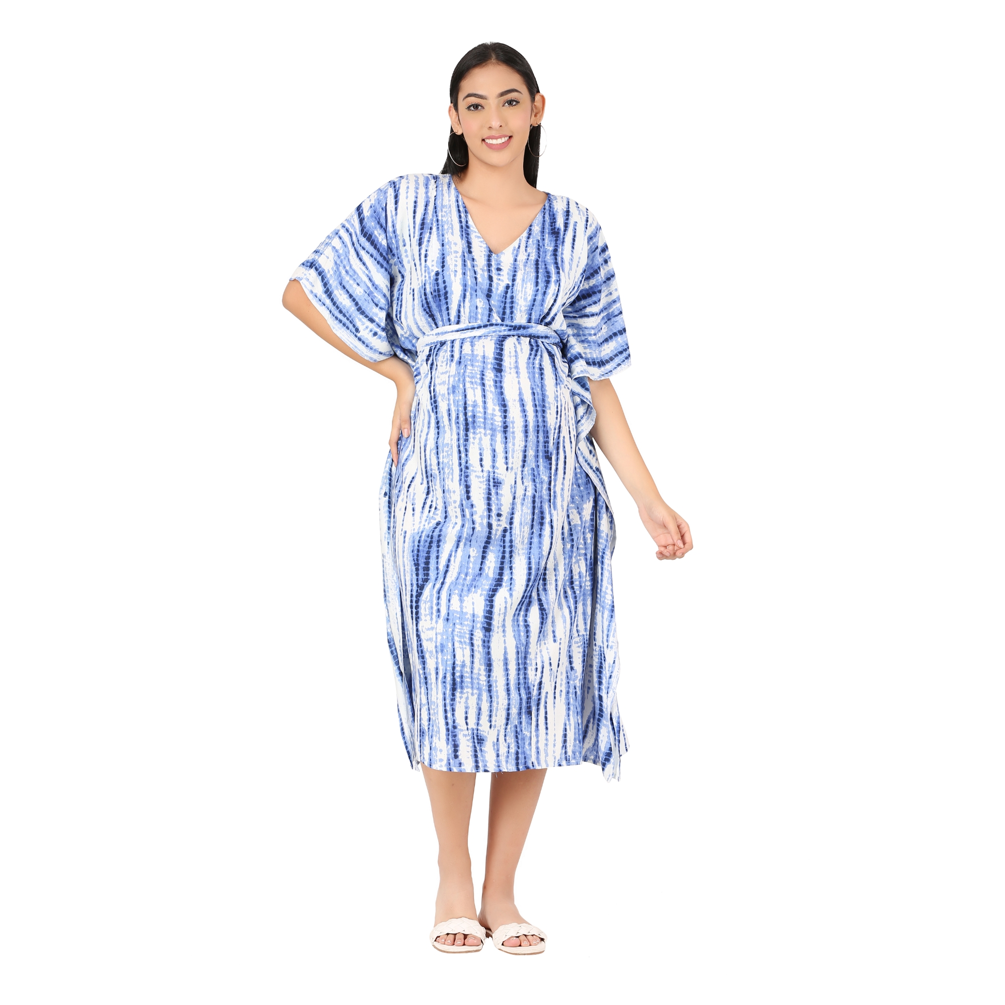 Pre & Post Maternity /Nursing Kaftan Maxi Dress cum Nighty with Zipper for Easy Feeding – Shibori Print -Navy - XL