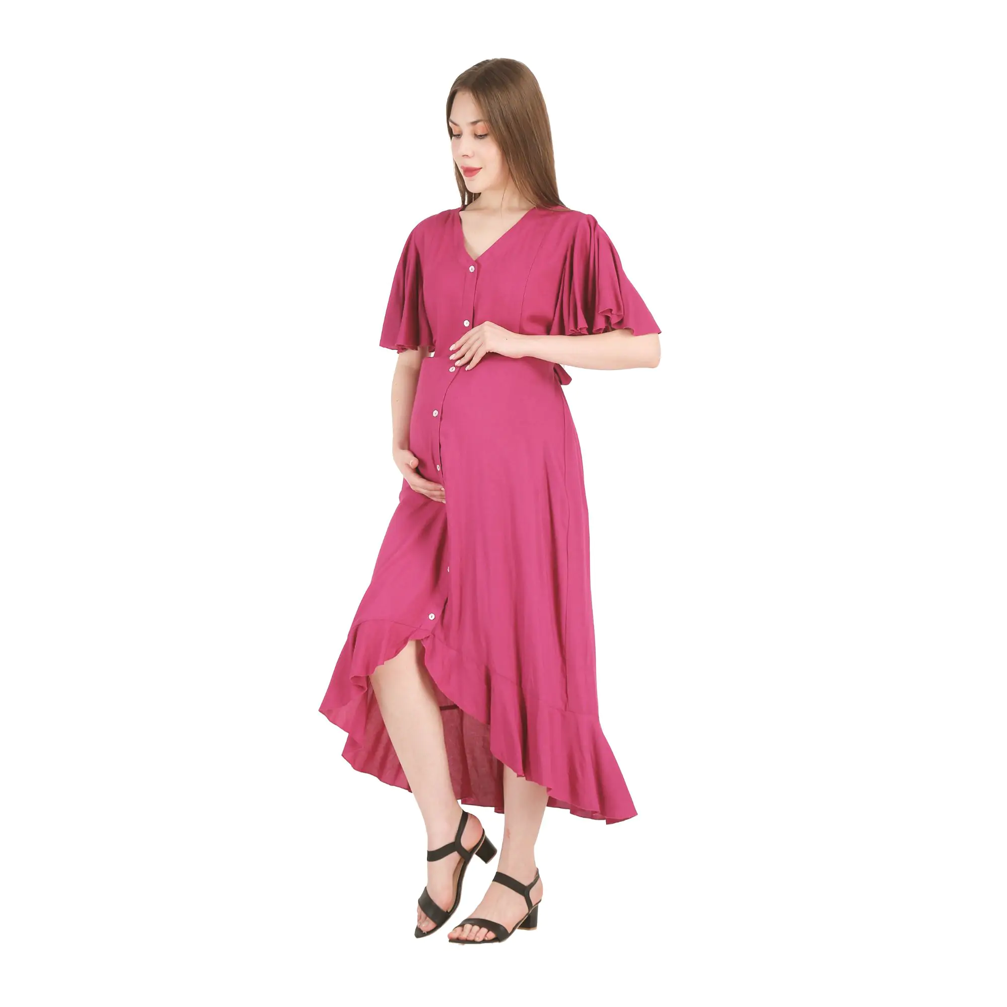 Mylo Pre & Post Maternity /Nursing, Asymmetrical  Solid Maxi Dress with both sides Zipper for Easy Feeding - Hawaiian Pink-XL