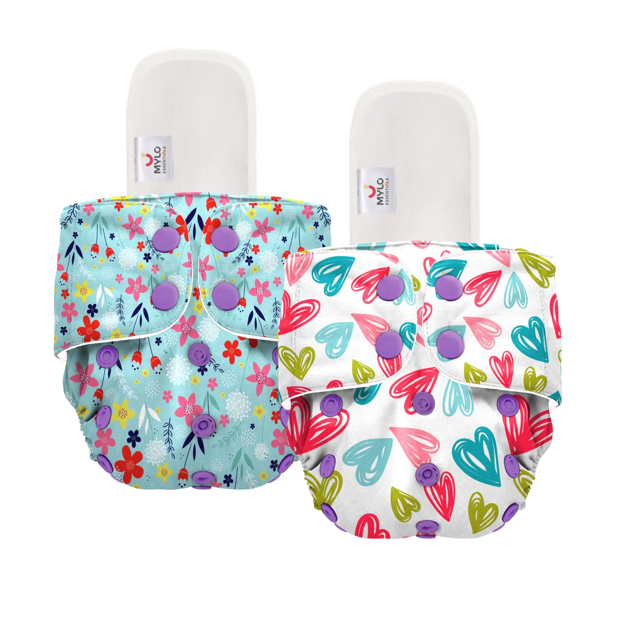 Mylo Adjustable Washable & Reusable Cloth Diaper With Dry Feel, Absorbent Insert Pad (3M-3Y) - Floral Spring & Heart Doodles - Pack of 2
