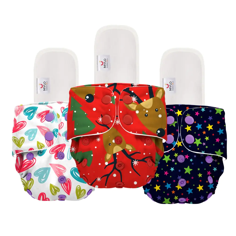 Adjustable Washable & Reusable Cloth Diaper With Dry Feel, Absorbent Insert Pad (3M-3Y)- Celebration, Heart Doodles and Twinkle Twinkle -Pack of 3
