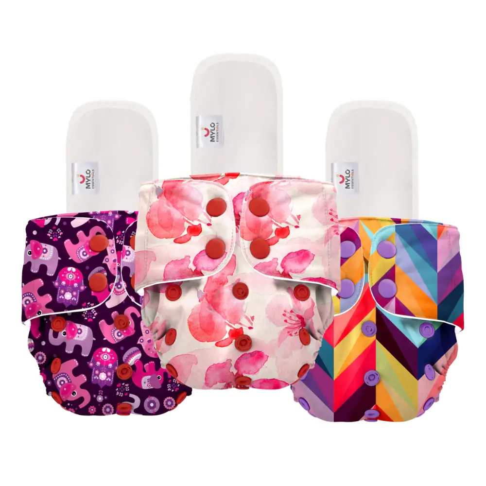 Free Size Washable & Reusable Cloth Diaper With 3 Dry Feel Absorbent Insert Pad (3M-3Y)- Cherry Blossom, Purple & Rainbow- Pack of 3
