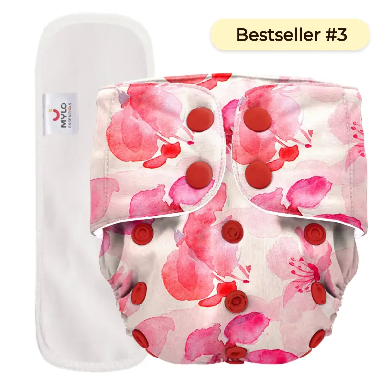 Mylo Adjustable Washable & Reusable Cloth Diaper With Dry Feel, Absorbent Insert Pad (3M-3Y) - Cherry Blossom 