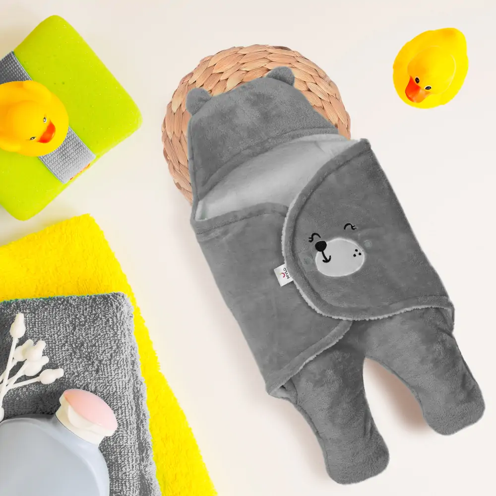 Mylo Ultra-soft Cute Baby Swaddling Wrapper, Sleeping Bag cum All season Ac Blanket (0-6 Months) - Grey