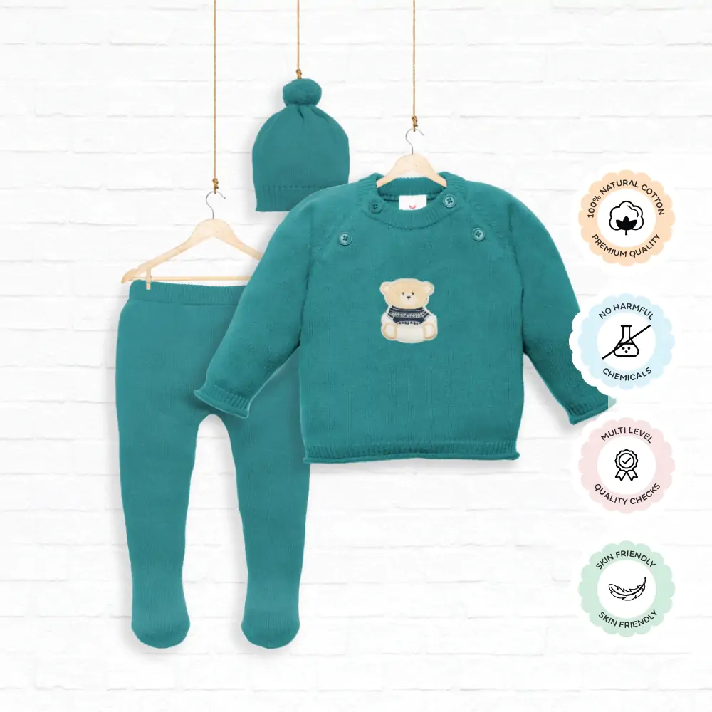 Mylo Baby Full Sleeves Sweater & Footed Pant Set with Cap in 100% Cotton –Teal Green Cuddly Teddy (0-3 M) 
