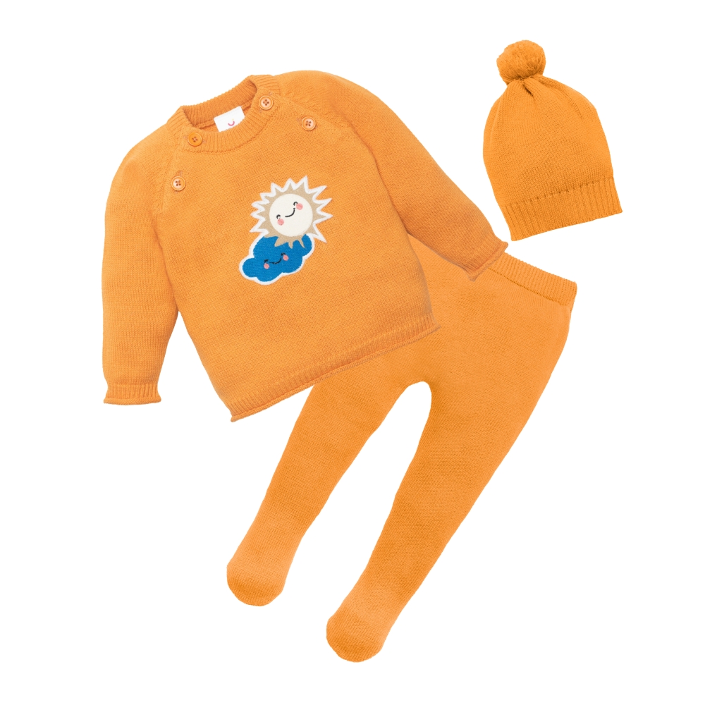 Baby Full Sleeves Sweater & Footed Pant Set with Cap in 100% Cotton – Orange Sun 3-6 M 
