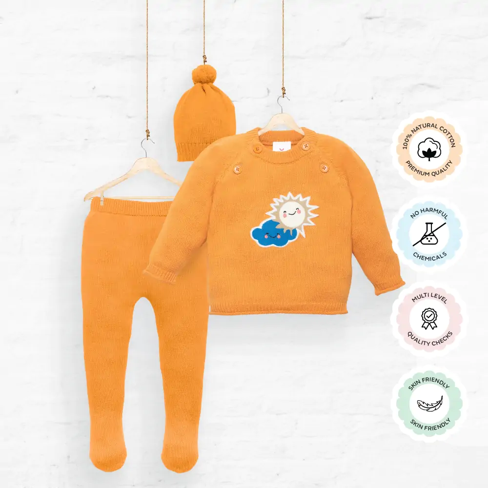 Mylo Baby Full Sleeves Sweater & Footed Pant Set with Cap in 100% Cotton – Orange Sun 0-3 M 