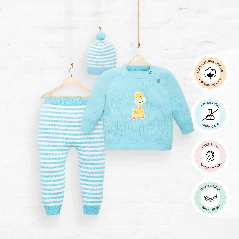 Mylo Baby Full Sleeves Sweater & Stripe Pant Set with Cap in 100% Cotton – Blue Giraffe (3-6M)