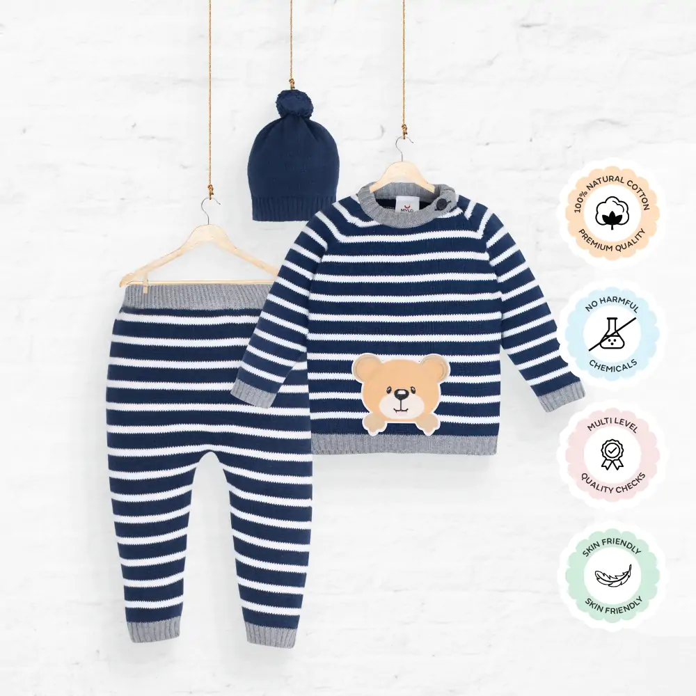 Babyhug Knit Full Sleeves Sweater Set with Cap & Penguin Design - Grey & Navy Blue