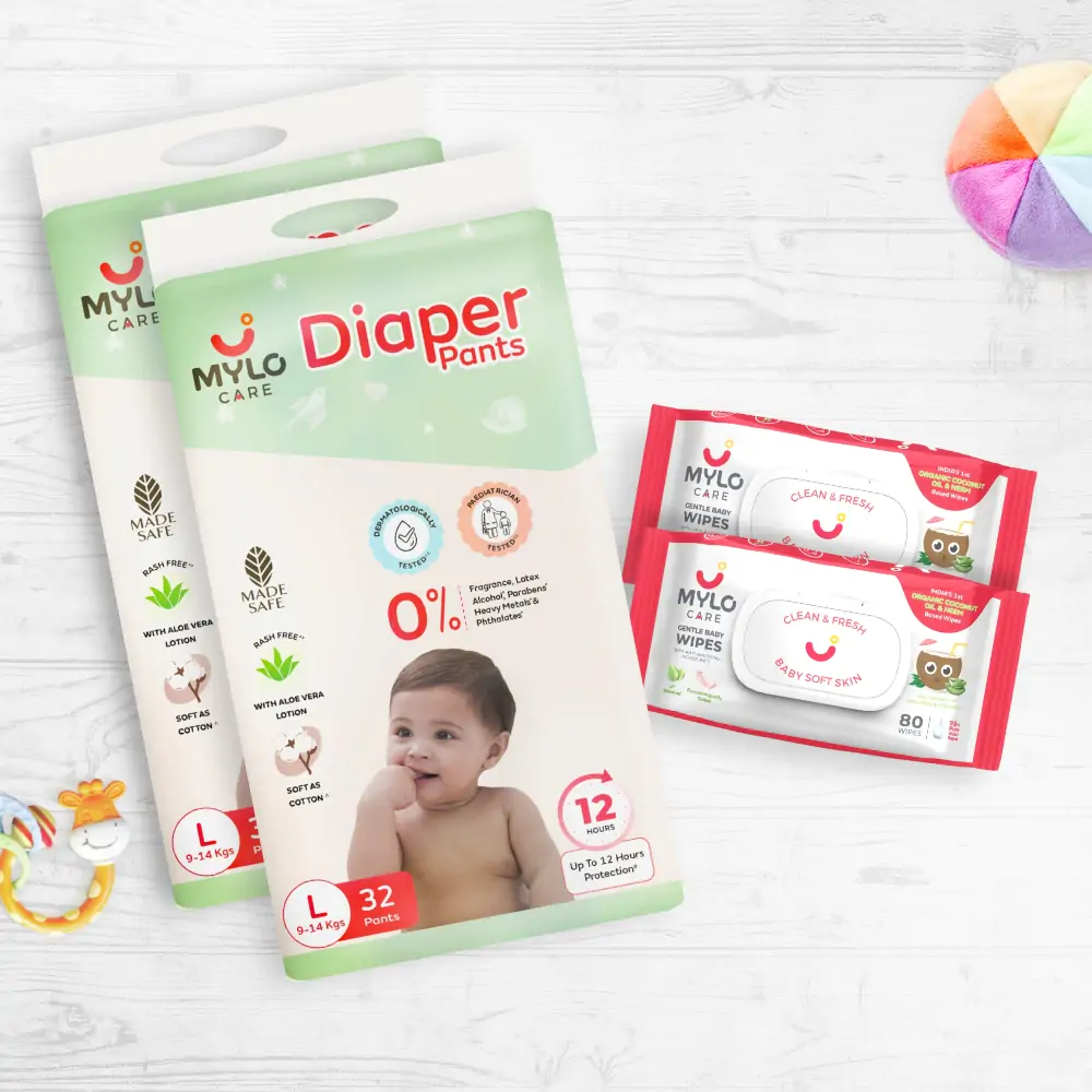 Mylo Monthly Diapering Super Saver Combo - Diaper Pants (L) Size (Pack of 2, 64 Count) + Wipes (Pack of 2)