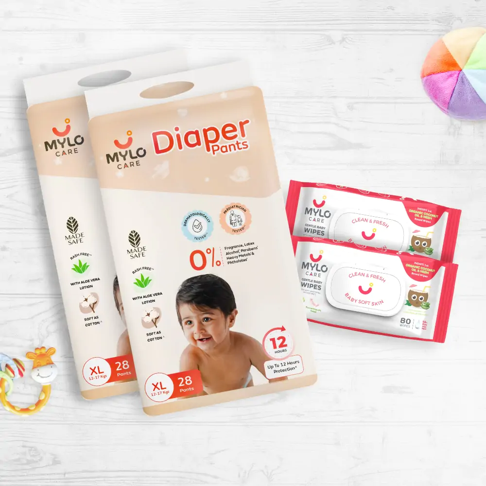 Mylo Monthly Diapering Super Saver Combo - Diaper Pants XL Size (Pack of 2, 56 Count) + Wipes (Pack of 2)