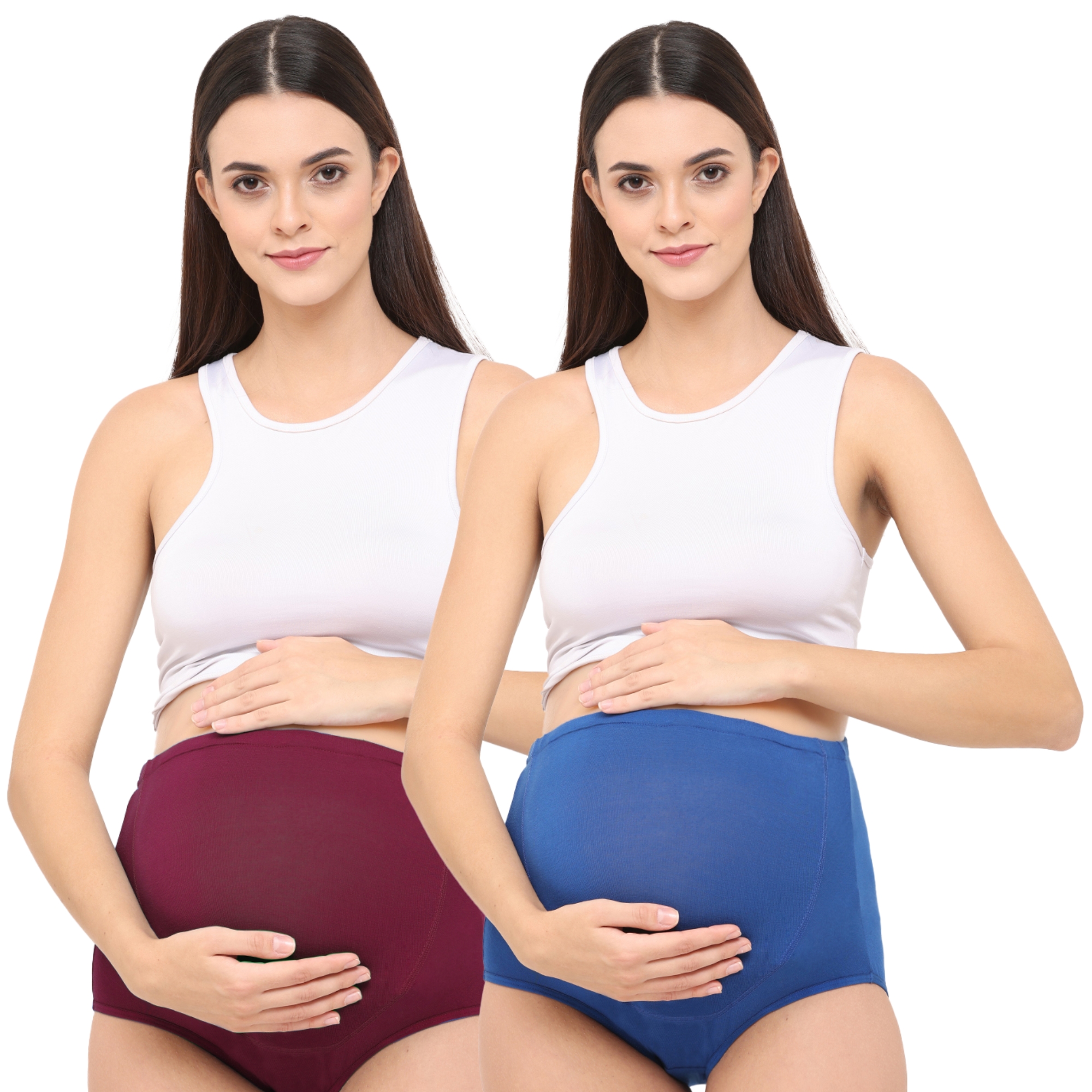 High Waist Maternity/Postpartum Panty - Anti-Microbial with Comfy Adjustable Waistband - Blue & Wine - M - Pack of 2