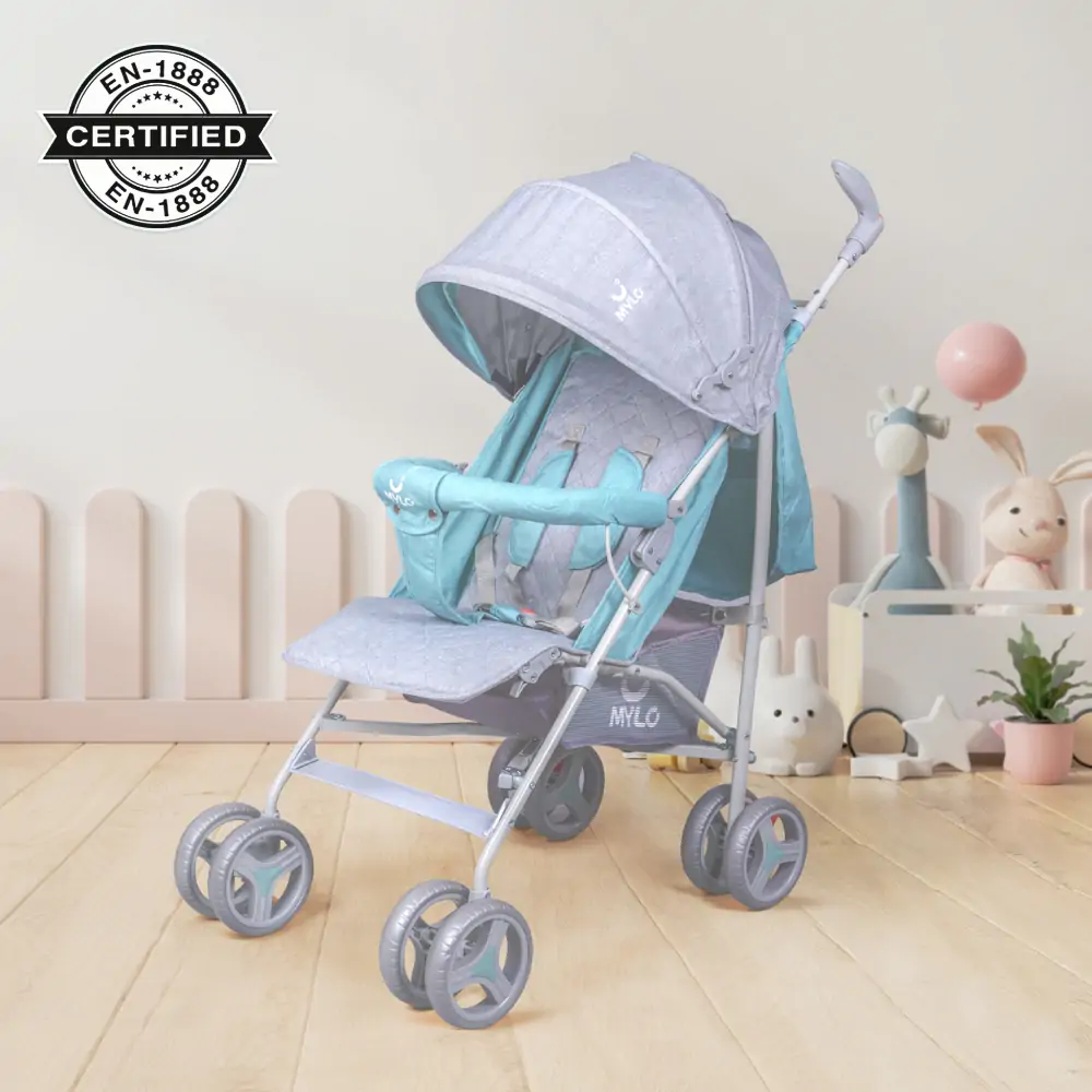 Mylo Essentials Vista Ultra Light Stroller | Pram 6 to 36 months| Toddler| kids, 5 Point safety harness| Front wheel Swivel function| Umbrella fold| Carrying Belt | Green & Grey